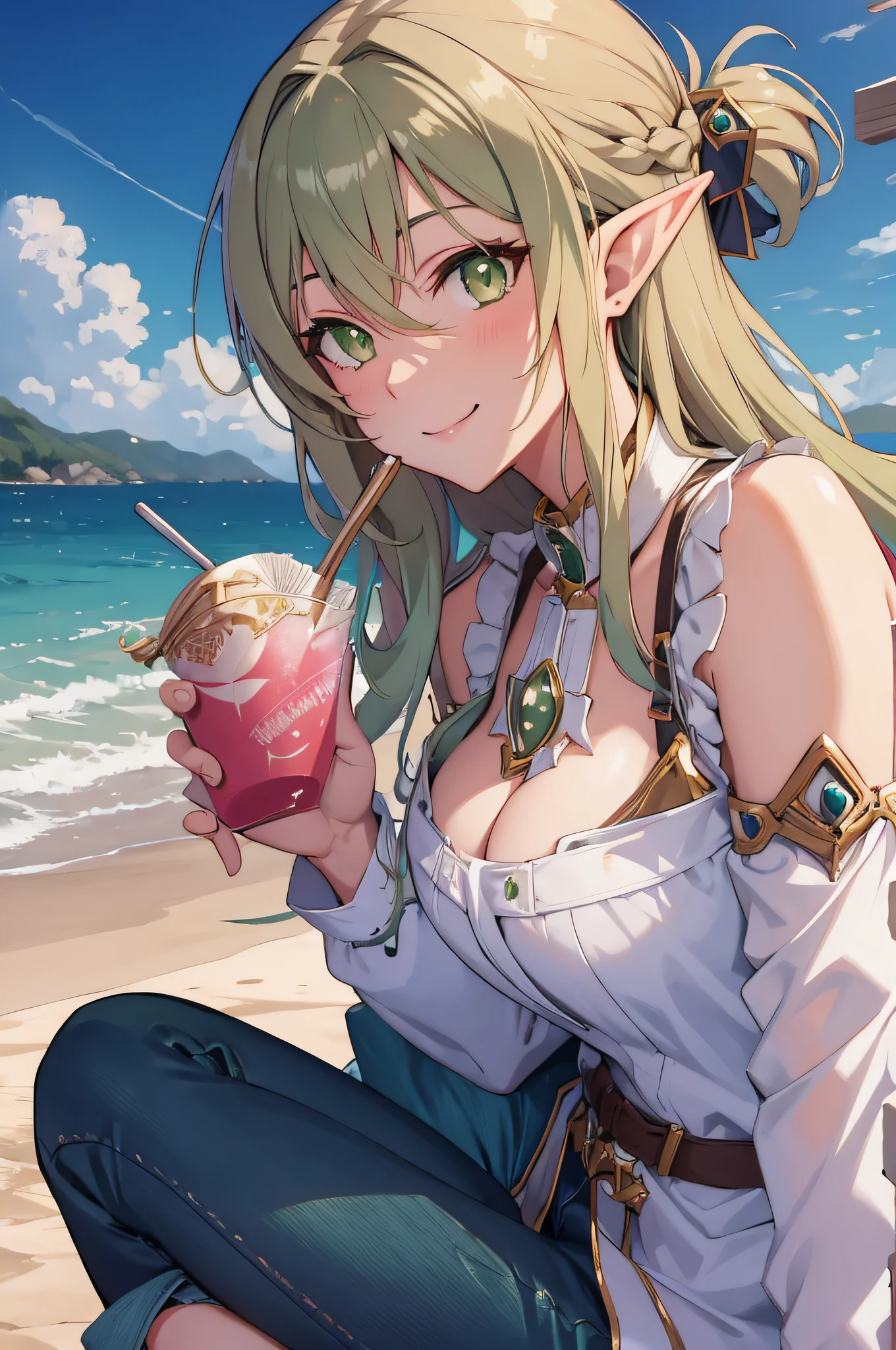 (masterpiece, best quality, detailed) ,1girl, highelfarcher, high elf archer, elf, (green eyes:1.5), (green hair:1.2), hair between eyes, long hair, pointy ears, sidelocks, jeans walking down the street,cute anime girl, pretty anime girl, smooth anime cg art, beautiful anime girl, attractive anime girl, ecchi anime style, seductive anime girl.teasing smile, clean detailed anime art,high resolution, (perfect hands, perfect anatomy),