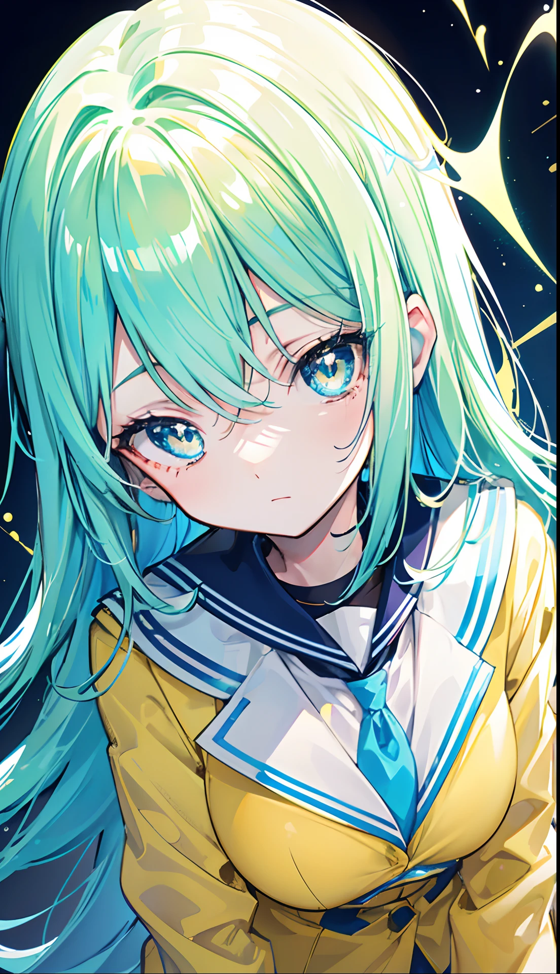 Glowing light bluish yellow with hair and pupils,They are also fluorescent,A school uniform in a glowing blue, yellow, and white color,Very tender and shiny face,It also fluoresces,The whole is shining,It's a sweet loli girl