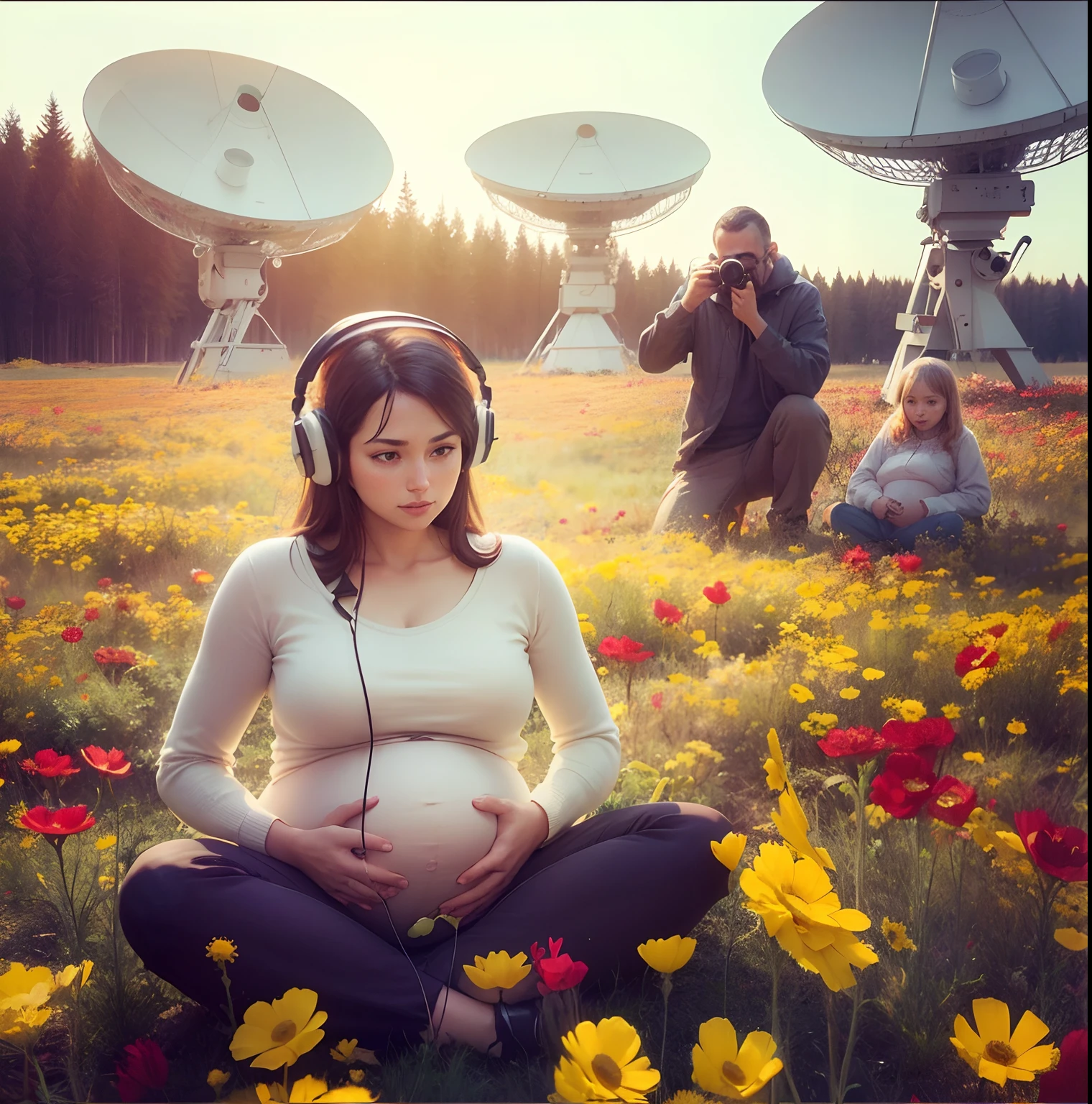 Pregnant woman sitting in a field full of yellow and red anemones wearing headphones with radio telescopes behind her.Behind her, a man and his daughter watch through a telescope