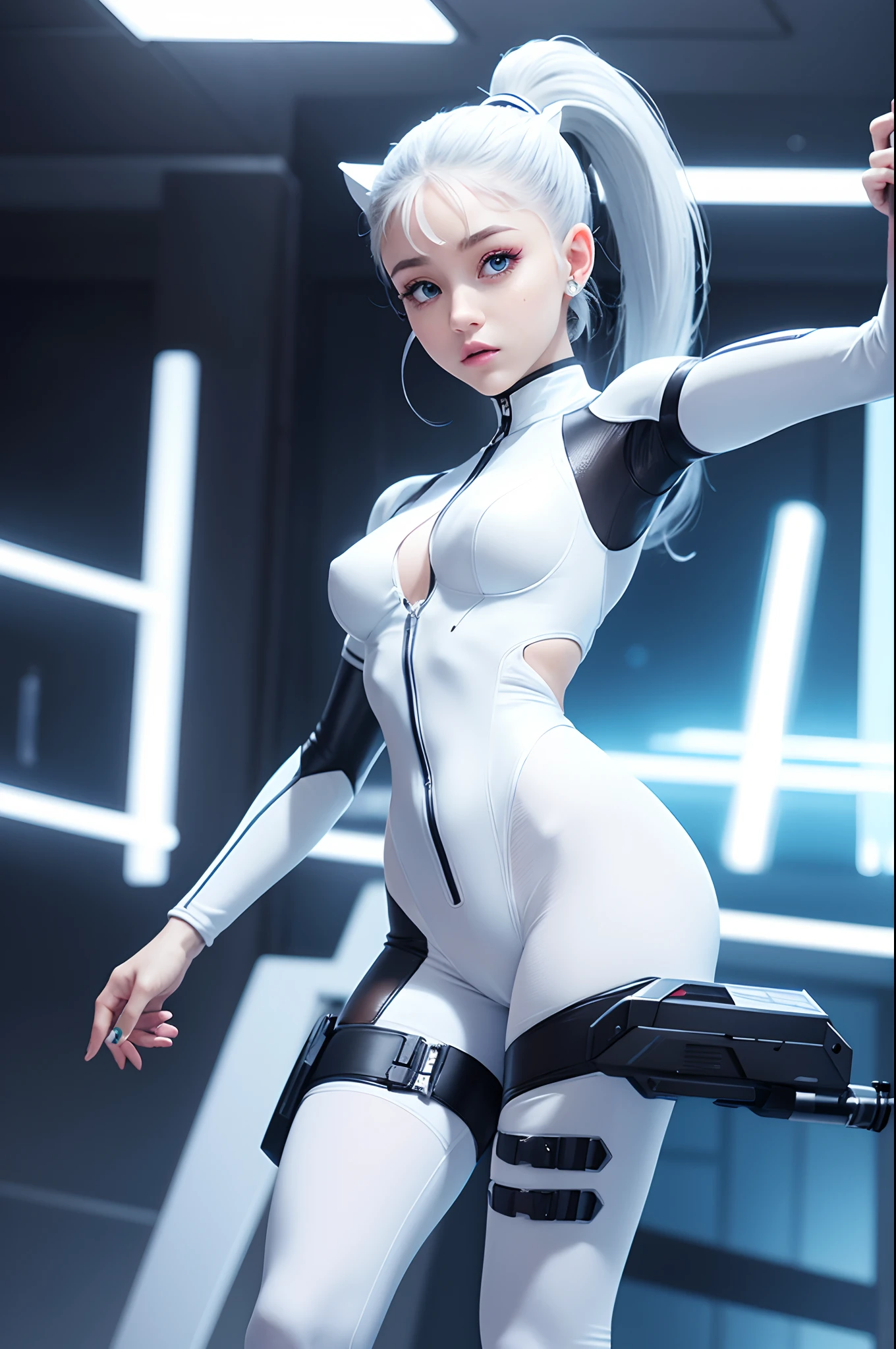 Full body cyber girl with ponytail. Ariana Grande's face. Bright white color indicating she is a Cyber Girl Whit Laser Rifle. White eyebrows. Clothes like a catsuit. She also has bright blue eyes. The environment is like a terminator. Hair is platina. She is illuminated in bright blue on one side of her face. Led like. And there are LED lights in both hands too.