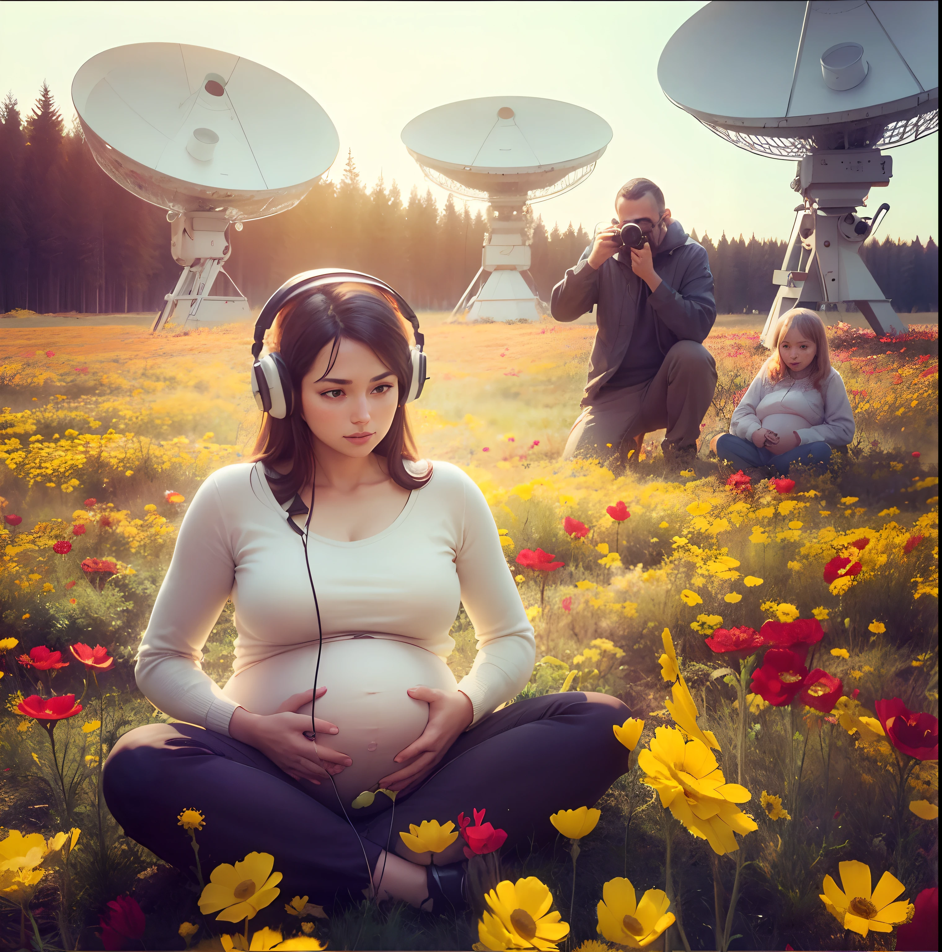 Pregnant woman sitting in a field full of yellow and red anemones wearing headphones with radio telescopes behind her.Behind her, a man and his daughter watch through a telescope