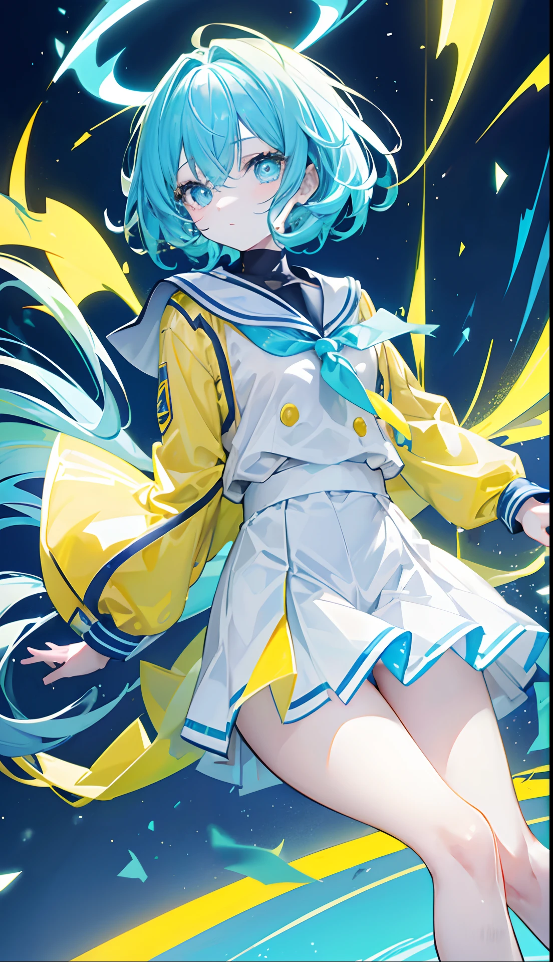 Glowing light bluish yellow with hair and pupils,They are also fluorescent,A school uniform in a glowing blue, yellow, and white color,Very tender and shiny face,It also fluoresces,The whole is shining,It's a sweet loli girl