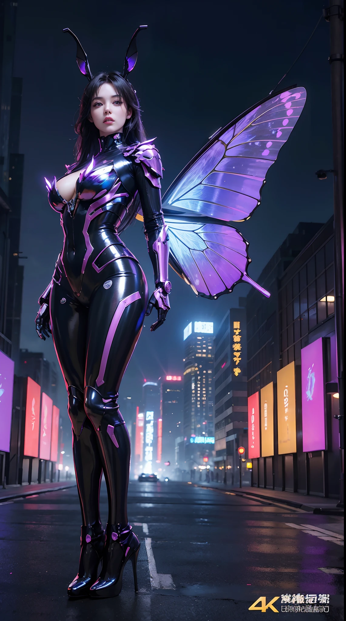 (wide wide shot)，(Best quality,4K,8K,A high resolution,Masterpiece:1.2),Ultra-detailed,(Realistic,Photorealistic,photo-realistic:1.37),A futuristic(Mechanical Woman)，((Huge butterfly wings)),Shiny metal skin,(Rabbit ears)，(((Mechanical body))),(high-heels)。nigth,(facing at camera)，standing on your feet，Cyberpunk-city。Vibrant colors。Science fiction art style.