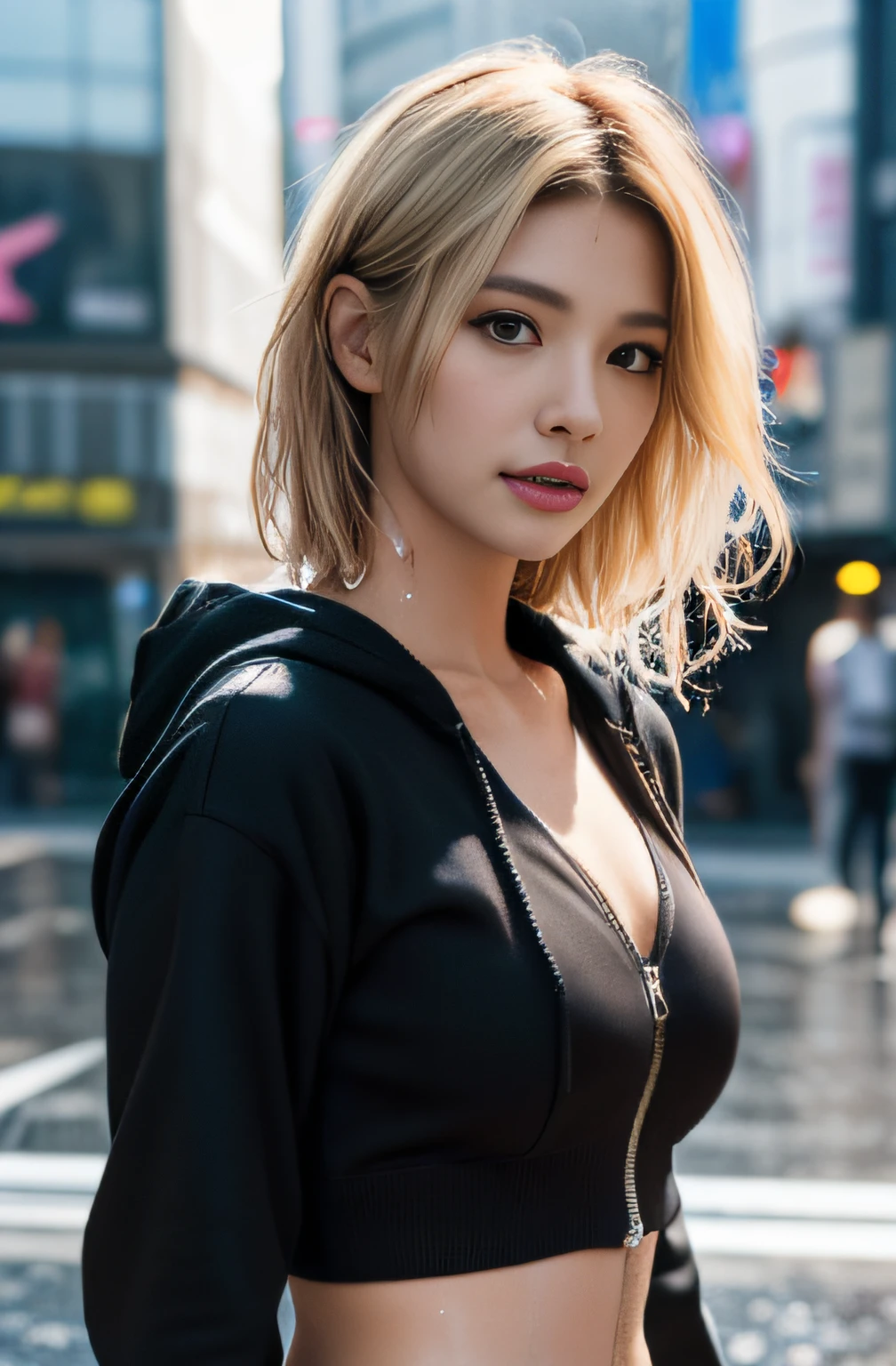 (UHD, retina, masterpiece, accurate, anatomically correct, textured skin, super detail, high details, high quality, best quality, high res, 1080P, HD, 4K, 8k, 16k), (beautiful detailed eyes, beautiful detailed lips, extremely detailed eyes and face), soft lighting, physically-based rendering, vivid colors, (large breasts:1.5), (portrait, shiny hair, shiny skin), eye reflection, (bokeh, moonlight:1.5), (black coat, wear the hood on your head, tanned skin:1.5), silver hair,