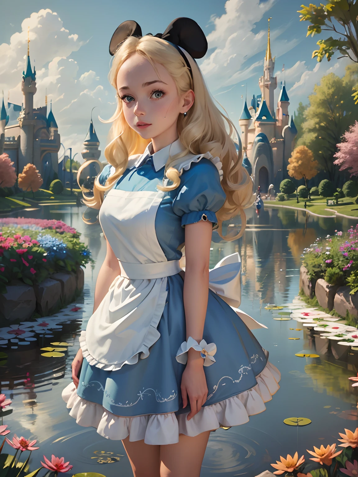 (masterpiece), (best quality), (extremely detailed), alice liddell, blue dress, white apron, black hairband, white long socks, cute pose, in a flower garden, (pond), (((disney castle at the background))), (blue sky), (sunny day), 3d. Illustration, Good Highlights, Perfect Proportions, dynamic, Professional, Award winning, (high detailed skin), (high detailed face), photorealistic, HDR, ultra highres, absurdres,