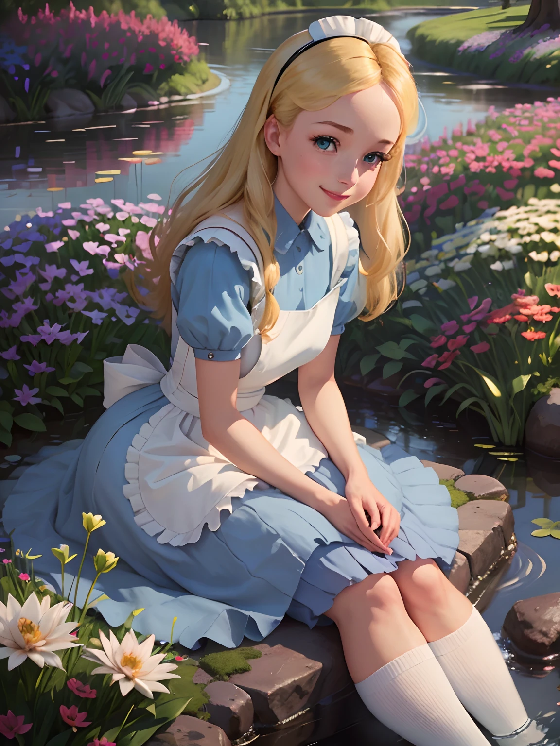 (masterpiece), (best quality), (extremely detailed), alice liddell, blue dress, white apron, black hairband, white long socks, cute pose, in a flower garden, (pond), (((disney castle at the background))), (blue sky), (sunny day), 3d. Illustration, Good Highlights, Perfect Proportions, dynamic, Professional, Award winning, (high detailed skin), (high detailed face), photorealistic, HDR, ultra highres, absurdres, perfect body shape, cute smiling