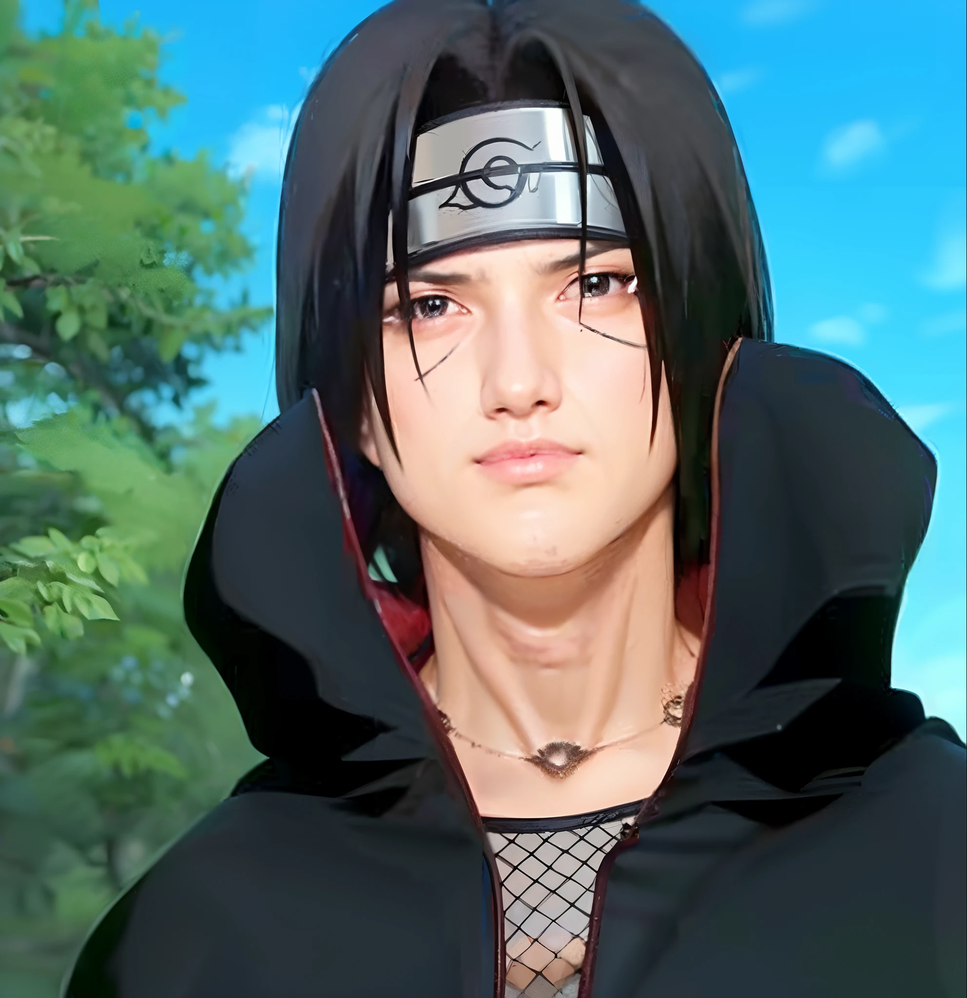High quality image, masterpiece, detailed hair texture, detailed skin texture, detailed cloth texture, 8k, add fabric details, ultra detailed skin texture, ultra detailed photo, skin pores, portrait of a boy, with scars on his face, wearing a metal headband, wearing Akatsuki suits, add cloth details, high skin details, realistic hair details