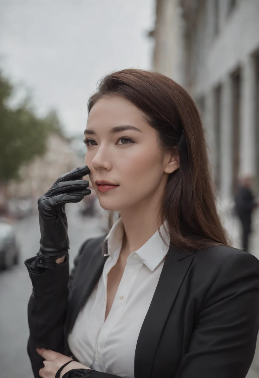1. **Full body black style**: Wearing a black suit, shirt, tie, pocket squares, and black leather gloves, it has a very chic and sophisticated appearance. ( It's a woman)

2. **Noh mask**: I wear a Noh mask with a smile on my face, and I use it as an element to hide my emotions. ( It's a woman)