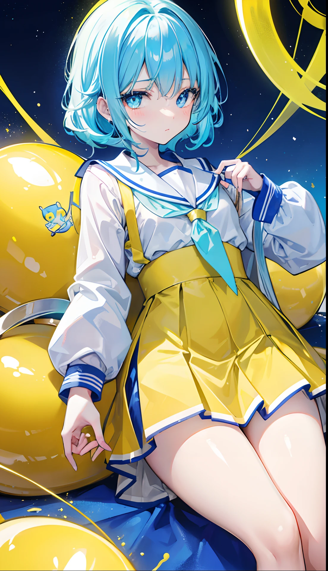 Glowing light bluish yellow with hair and pupils,They are also fluorescent,A school uniform in a glowing blue, yellow, and white color,Very tender and shiny face,It also fluoresces,The whole is shining,It's a sweet li girl