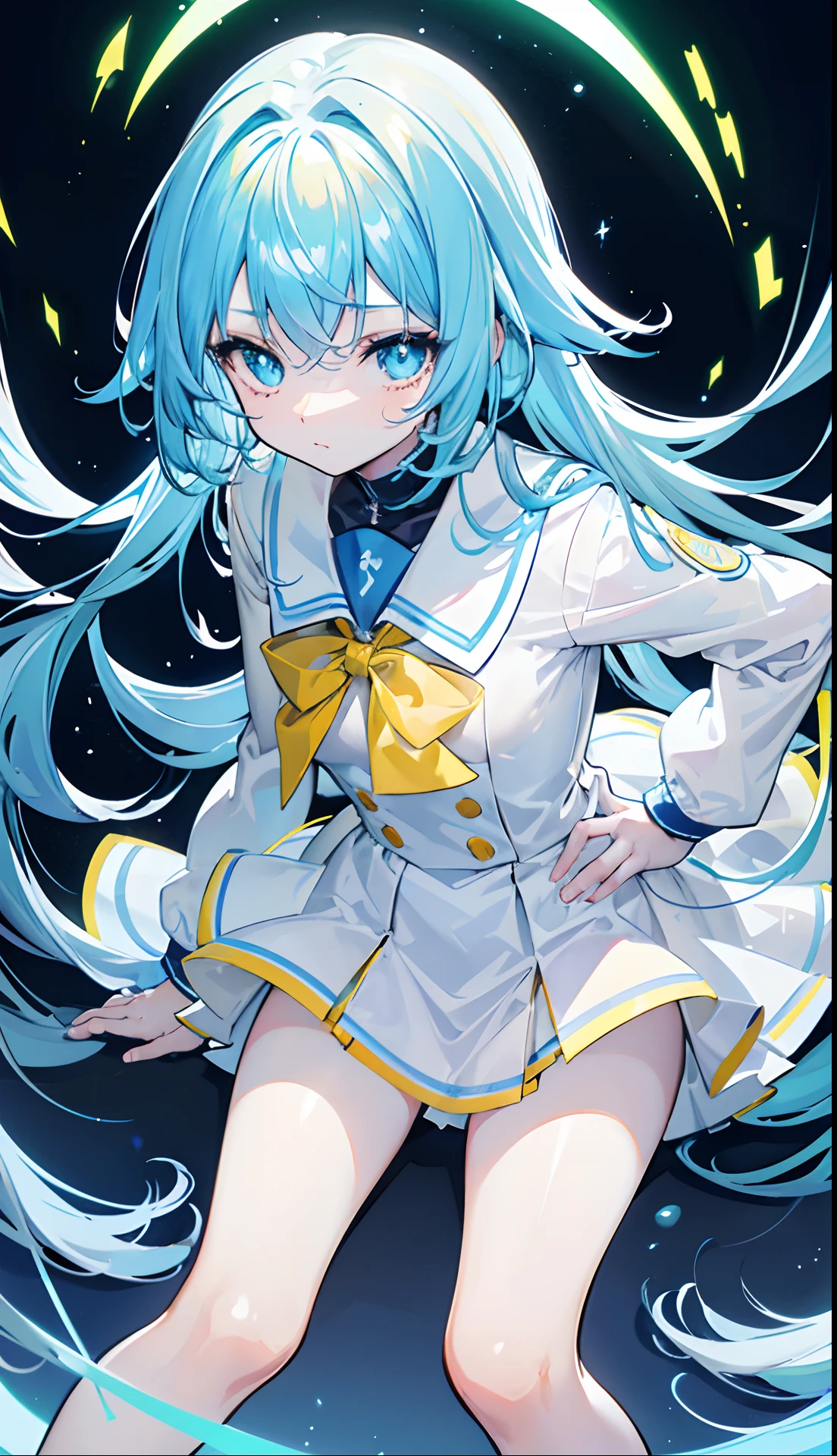 1Baby, anime girl, short girl, twins tail long hair style, blue hair with yellow combination, japanese highschool outfit, short skirt, blue eyes, aho ge, yellow ribbon each side of hair, stary eye, glowing eyes, proportional body, proporsional fingers, 4fingers