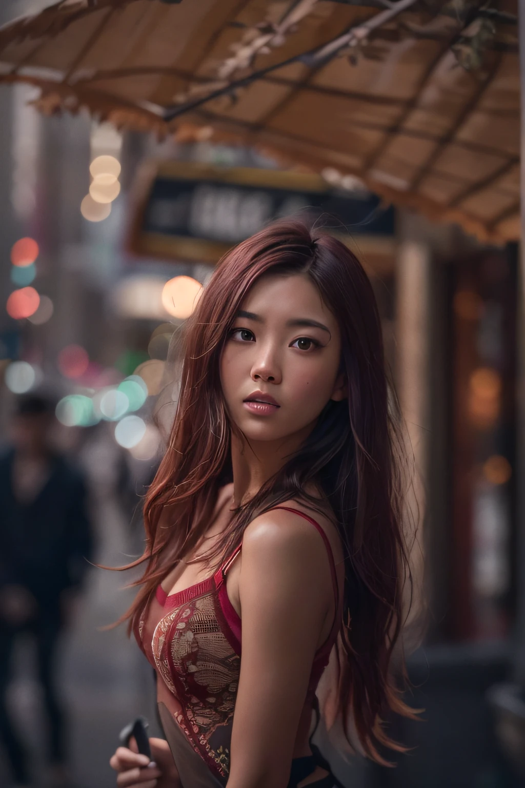 32K(tmasterpiece,k hd,hyper HD,32K)a photo realistic of a Long dark red haired skinny pretty Asian woman, dark red hair, in NYC New York, with long dark red hair, high resolution, the detail, RAW photogr, Sharp Re, Nikon D850 Film Stock Photo by Jefferies Lee 4 Kodak Portra 400 Camera F1.6 shots, Rich colors, ultra-realistic vivid textures, Dramatic lighting, Unreal Engine Art Station Trend, cinestir 800 --no blurred background, no blur
