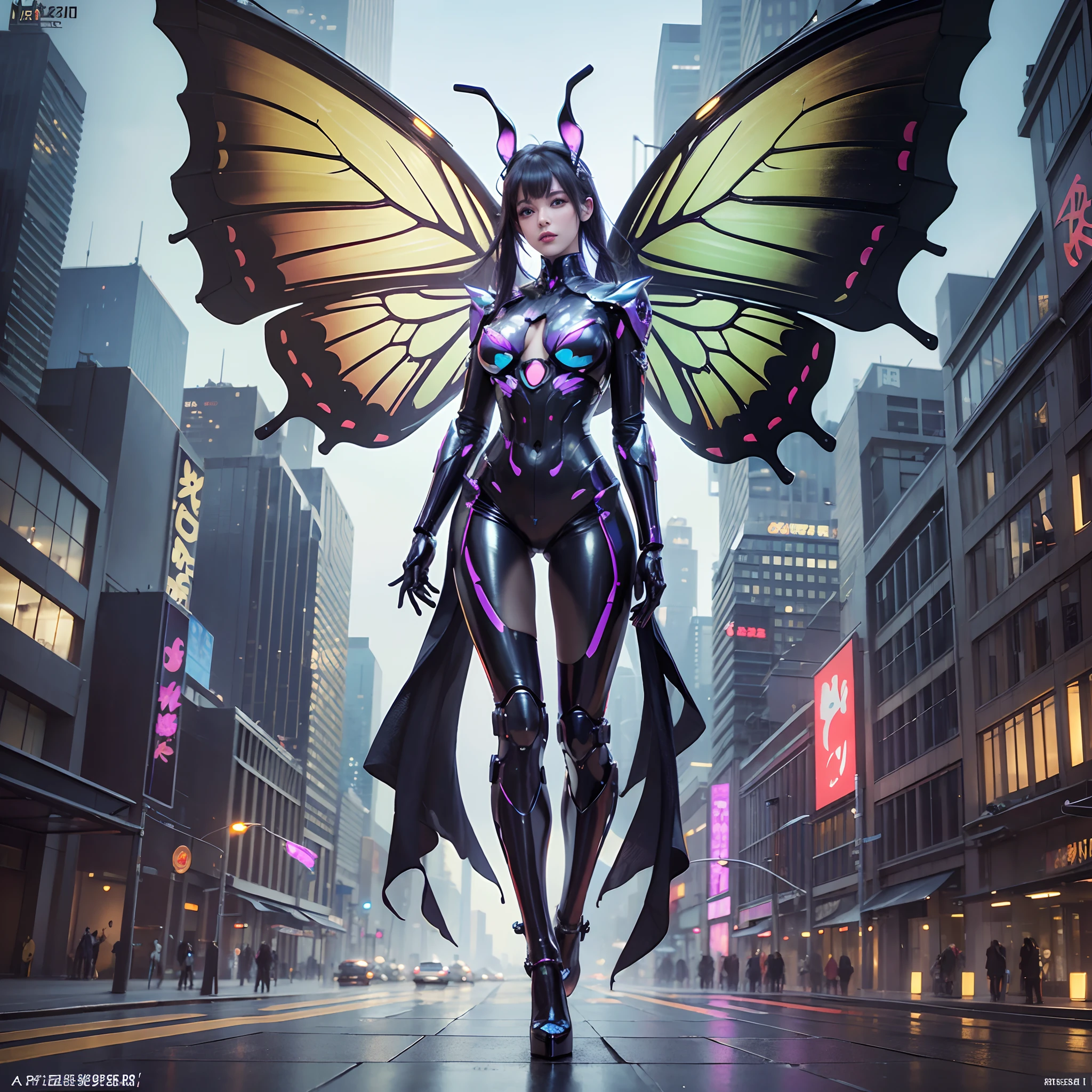 (wide wide shot),(Best quality,4K,8K,A high resolution,Masterpiece:1.2),Ultra-detailed,(Realistic,Photorealistic,photo-realistic:1.37),A futuristic(Mechanical Woman),((Huge butterfly wings)),Shiny metal skin,(Rabbit ears),(((Mechanical body))),(high-heels)。nigth,(facing at camera),standing on your feet,Cyberpunk-city。Vibrant colors。Science fiction art style.