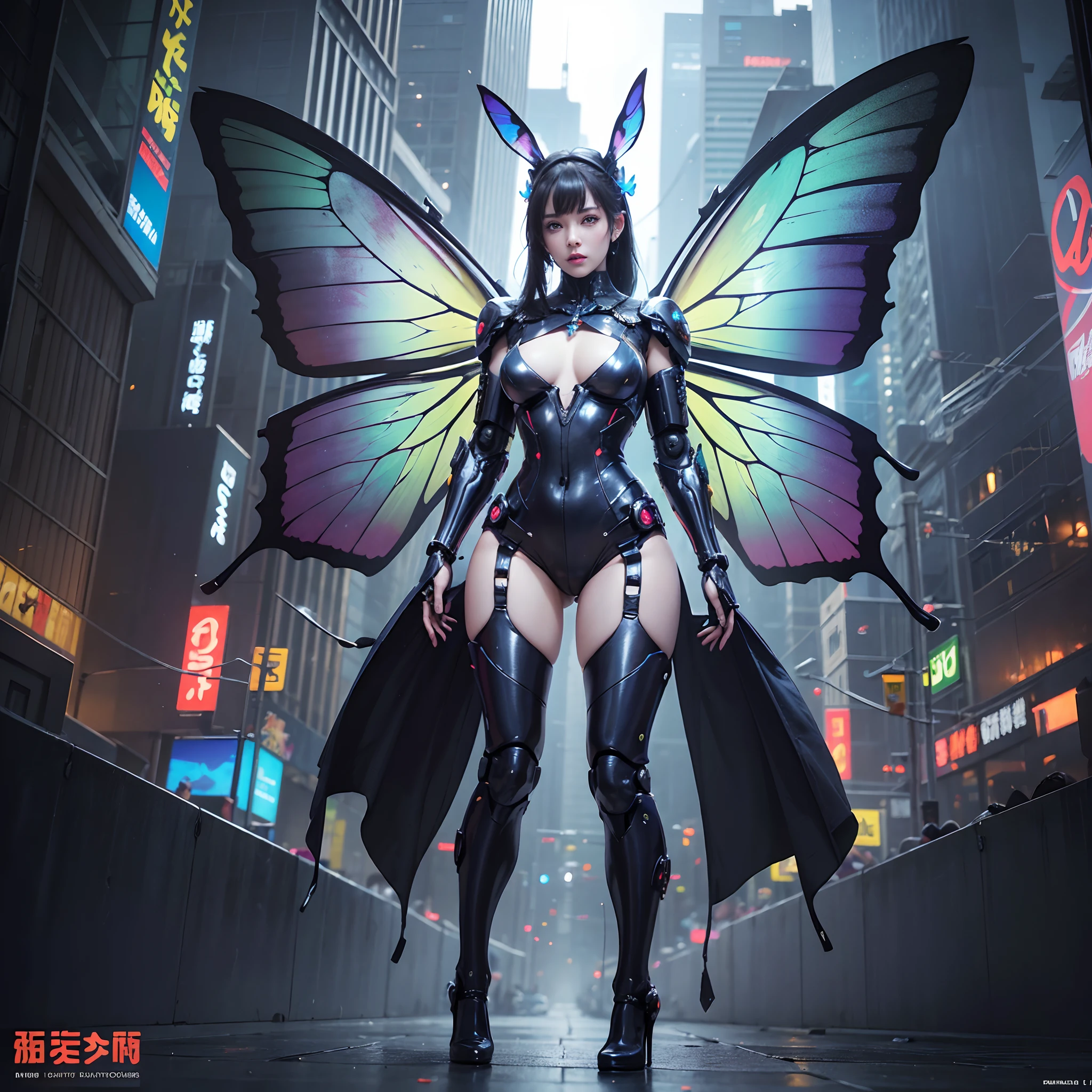 (wide wide shot),(Best quality,4K,8K,A high resolution,Masterpiece:1.2),Ultra-detailed,(Realistic,Photorealistic,photo-realistic:1.37),A futuristic(Mechanical Woman),((Huge butterfly wings)),Shiny metal skin,(Rabbit ears),(((Mechanical body))),(high-heels)。nigth,(facing at camera),standing on your feet,Cyberpunk-city。Vibrant colors。Science fiction art style.