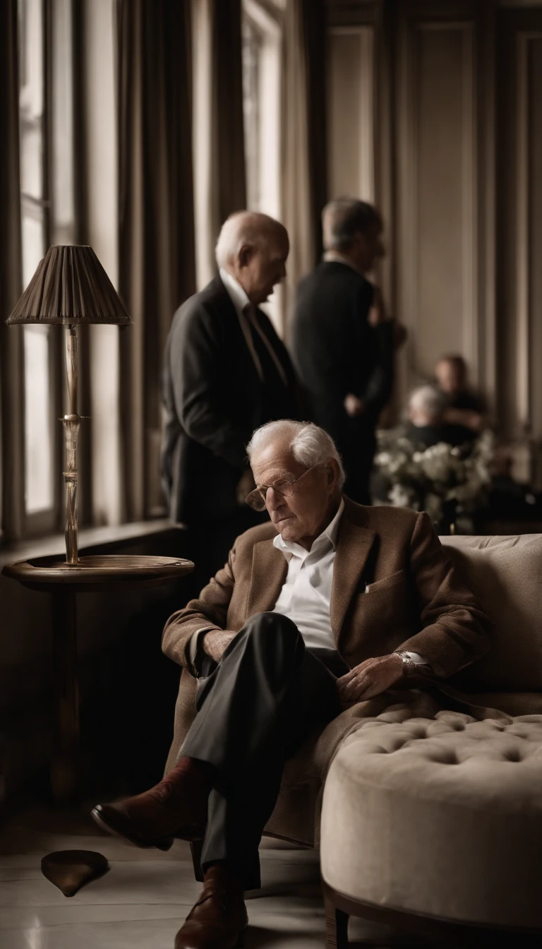 La photo se concentre sur le visage du vieil homme, Capture the essence of your emotions in a contrasting environment. It is inside a luxury hotel, where opulence and refinement are predominant, But his simple appearance and tired expression stand out.. Seniors are represented in the foreground, with most of the background blurred, Focus all attention on your face. Son expression est celle de la lassitude, with slightly half-closed eyes, as if he was struggling with the weight of accumulated fatigue. Les rides qui tracent votre visage racontent des histoires de vie, chaque ligne portant un souvenir. He wears simple clothes, A worn cotton shirt that visibly contrasts with the sophistication of the environment around you. The garment is crumpled, suggesting that they have traveled or taken a trip before arriving at the hotel. Soft lighting enhances the texture of your skin and highlights the wrinkles and furrows that testify to the years that have passed. Son regard semble lointain, as if contemplating the stories of his life that brought him to this moment. The blurred background is a mix of neutral tones and luxurious touches, such as details of tapestries and elegant furniture. Nevertheless, These elements do not steal the attention of the elderly person's face; They only serve as a gentle backdrop that emphasizes the story he carries with him.. The image captures a moment of contrast and reflection, where older people find themselves in an environment that is a palpable representation of the passage of time and the different layers of life. The expression of weariness translates the journey lived, While his presence in the luxury hotel evokes the diversity of human experiences.