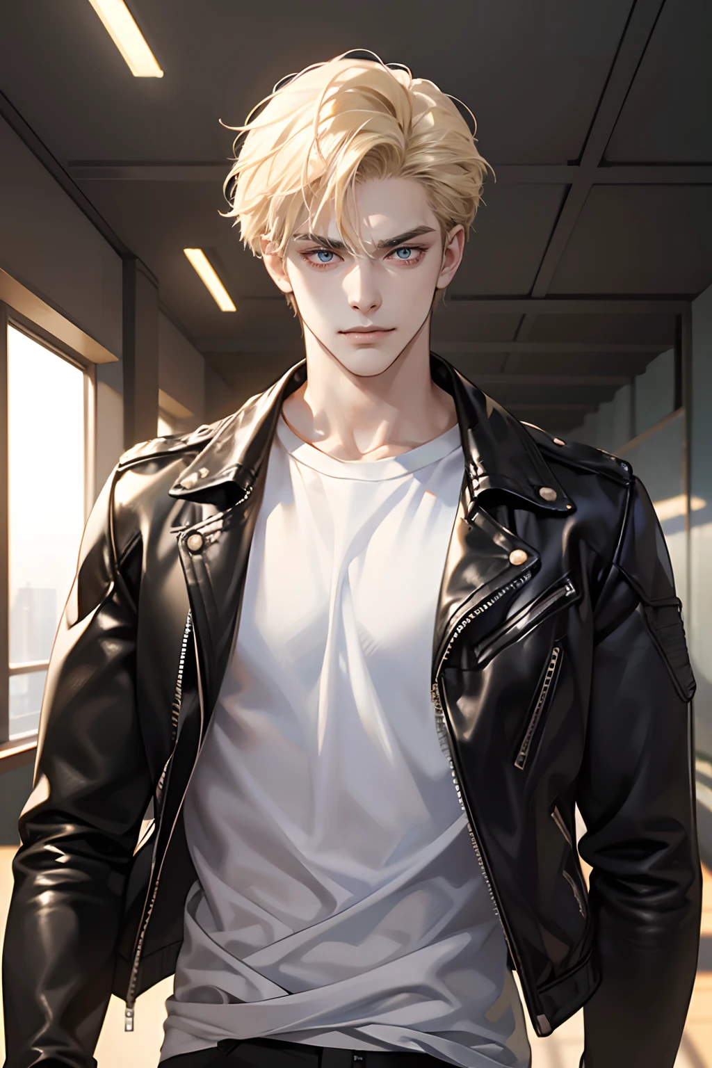 (tmasterpiece, high resolution, ultra - detailed:1.0), (1 boy, Young male, masculine face), Perfect male body, Adult male, Delicate eyes and delicate face, Extremely detailed CG, Unity 8k wallpaper, Complicated details, Detailed face, (blond hair, messy hair, serious faces, white T-shirt,Bad students), (frown,evil smile:1.3), Standing in school corridor,black leather jacket, color difference, Depth of field, dramatic shadow, Ray tracing, Best quality, Cinematic lighting, offcial art,Portrait