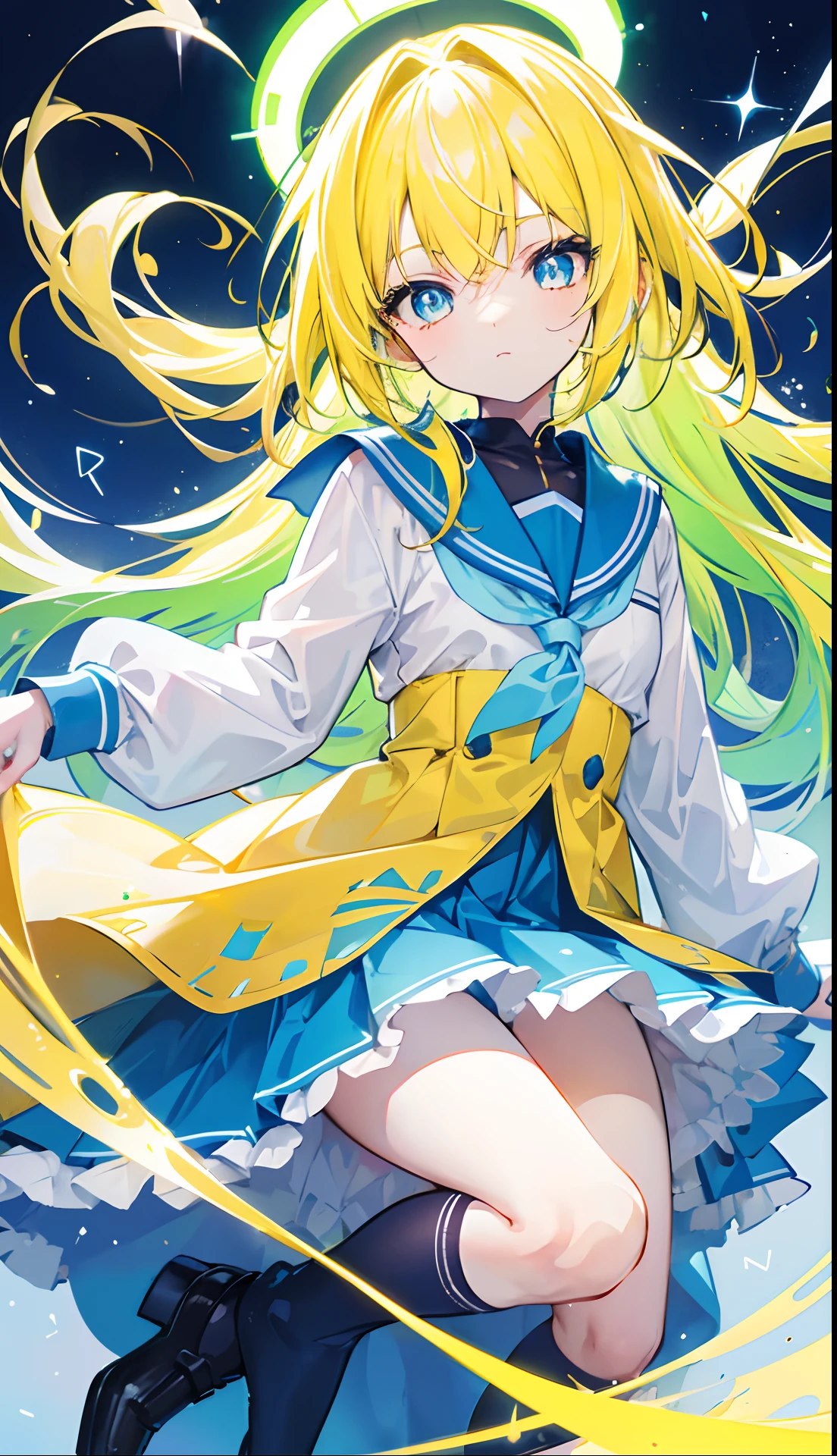 Glowing light bluish yellow with hair and pupils，They are also fluorescent，A school uniform in a glowing blue, yellow, and white color，Very tender and shiny face，It also fluoresces，The whole is shining，It's a sweet li girl