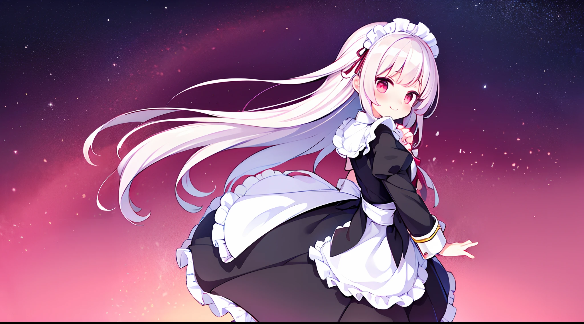 8K picture quality，silber hair,Red-eyed girl,cute little ,Long hair,Heartwarming,a miniskirt,Lolita,A smile,Thumbnail styles，maid clothes，fluffly，full body Esbian,Embarrassed expression,pink sky background,cute background,profile