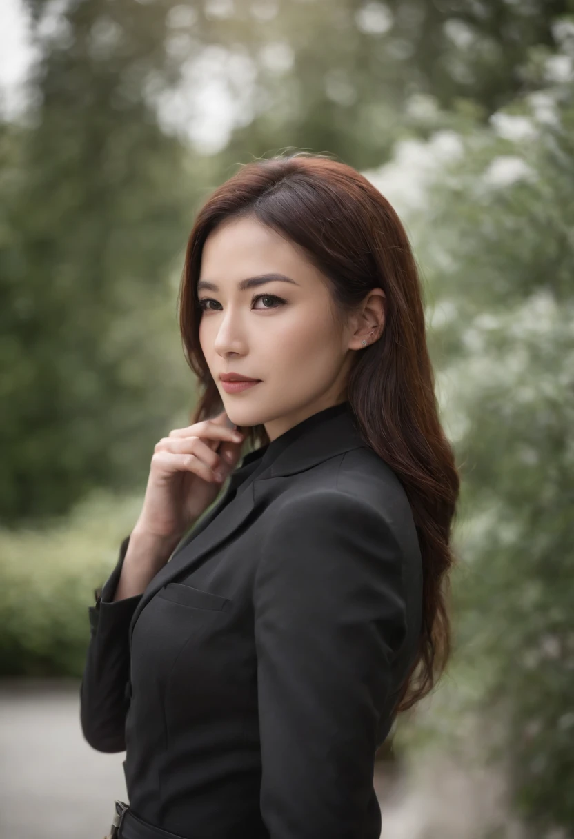 1. **Full body black style**: Wearing a black suit, shirt, tie, pocket squares, and black leather gloves, it has a very chic and sophisticated appearance. ( It's a woman)
2. **Noh mask**: I wear a Noh mask with a smile on my face, and I use it as an element to hide my emotions. ( It's a woman)