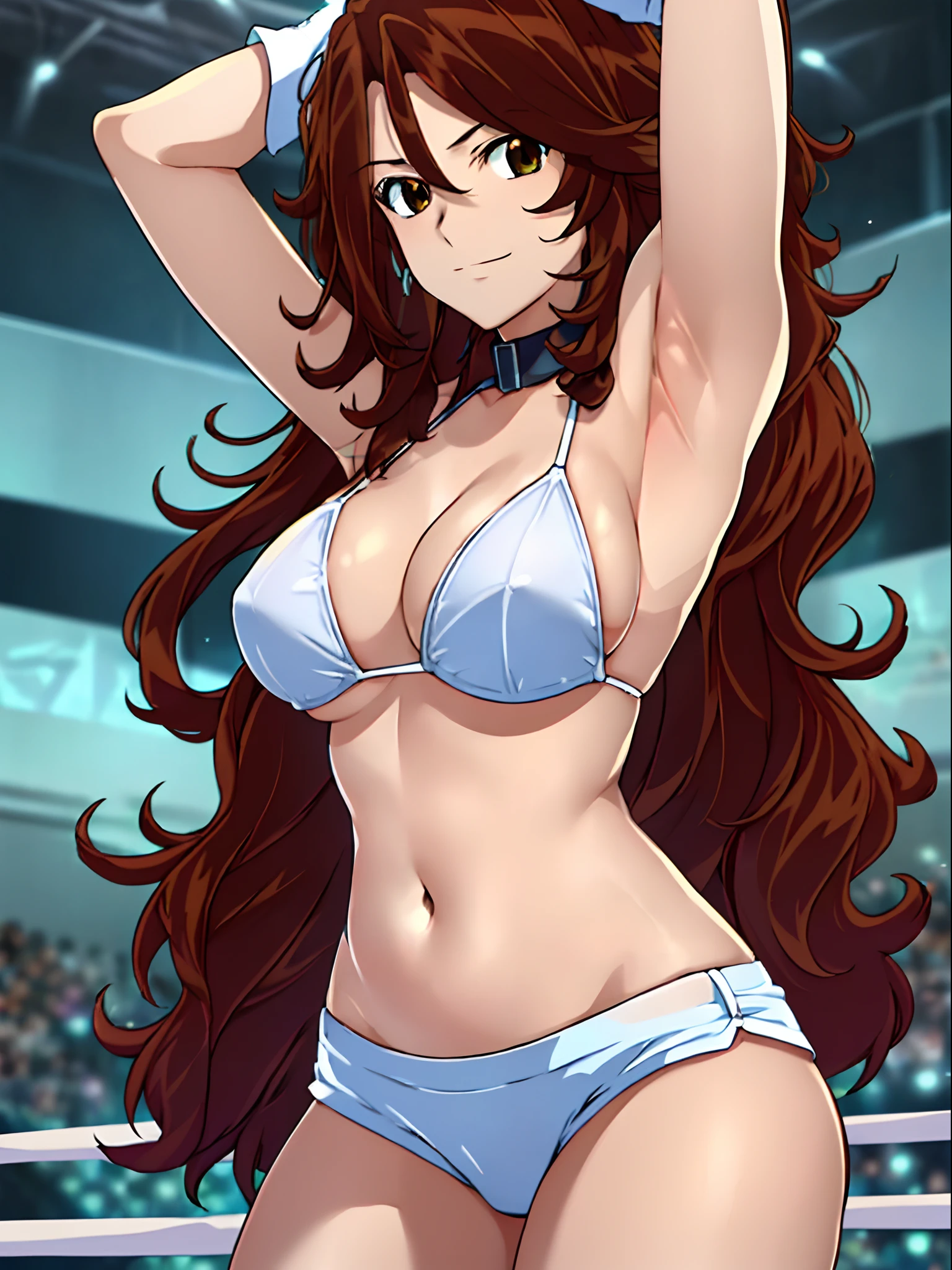 cowboy shot, upper body view, anime style: 1.8, anime drawing, ultra detailed face, ultra detailed body, 4k, Sumergai Lee Noriega, (standing), best quality, anime style, hires, highest definition, digital blending, bold drawing lines, ((slender body, female wrestler), (location: wrestling arena, crowds watching), (weak body, slender body, broad shoulders, slim arms, little biceps, thighs), ((white micro bikini, shorts, groin, white boots, white gloves, collar)), victorious, winner, smile, , (big breasts), (big eyes, brown eyes), (warming up), (brown hair, loose hair, curly hair, wavy hair, long hair, missy hair), 27 years old,