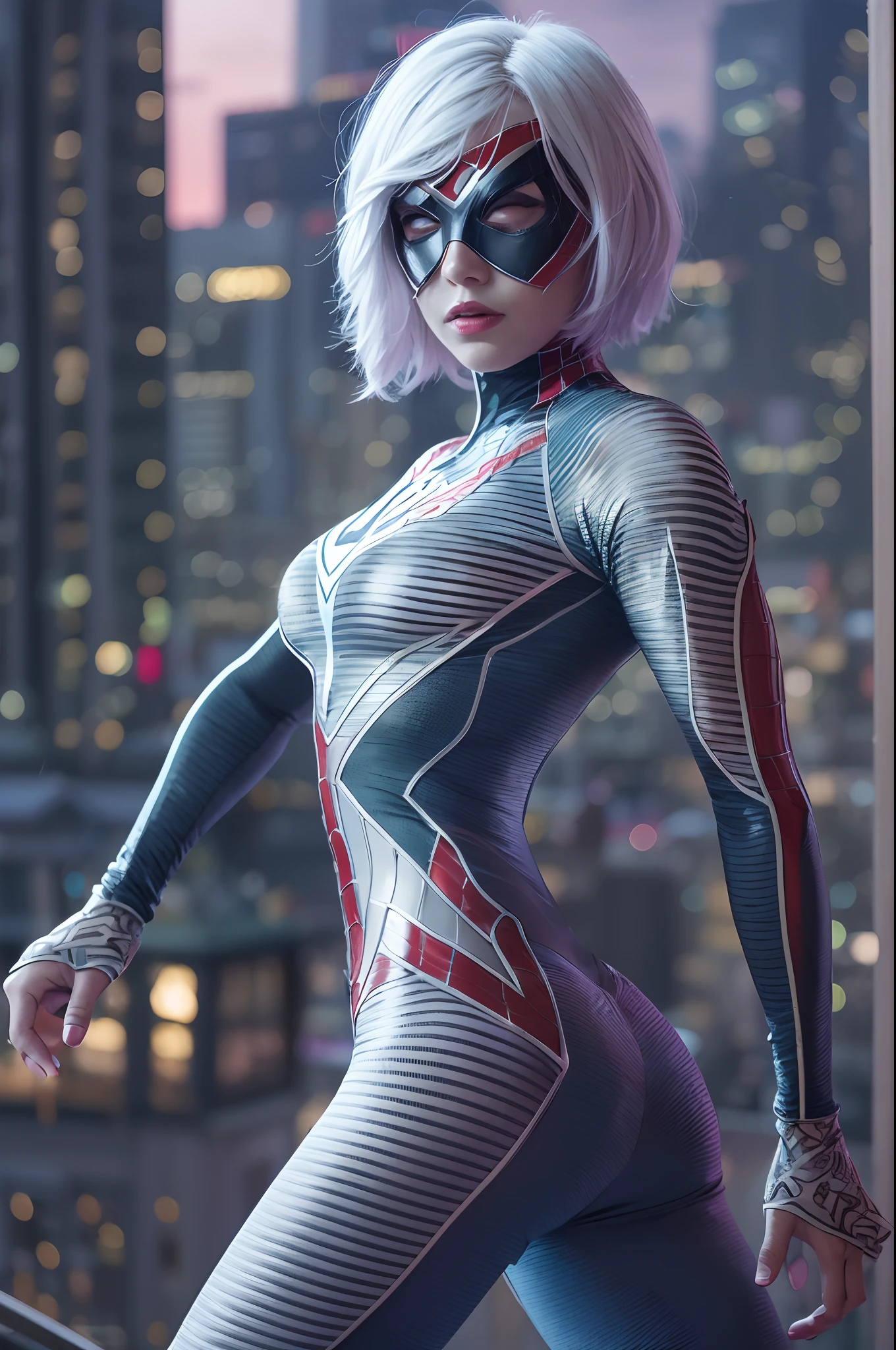 Villain Spider-Woman, Short white hair bob, Mask on the whole face, tight blue suit, on roof, night city, luna, higly detailed, Realistic full-length photo