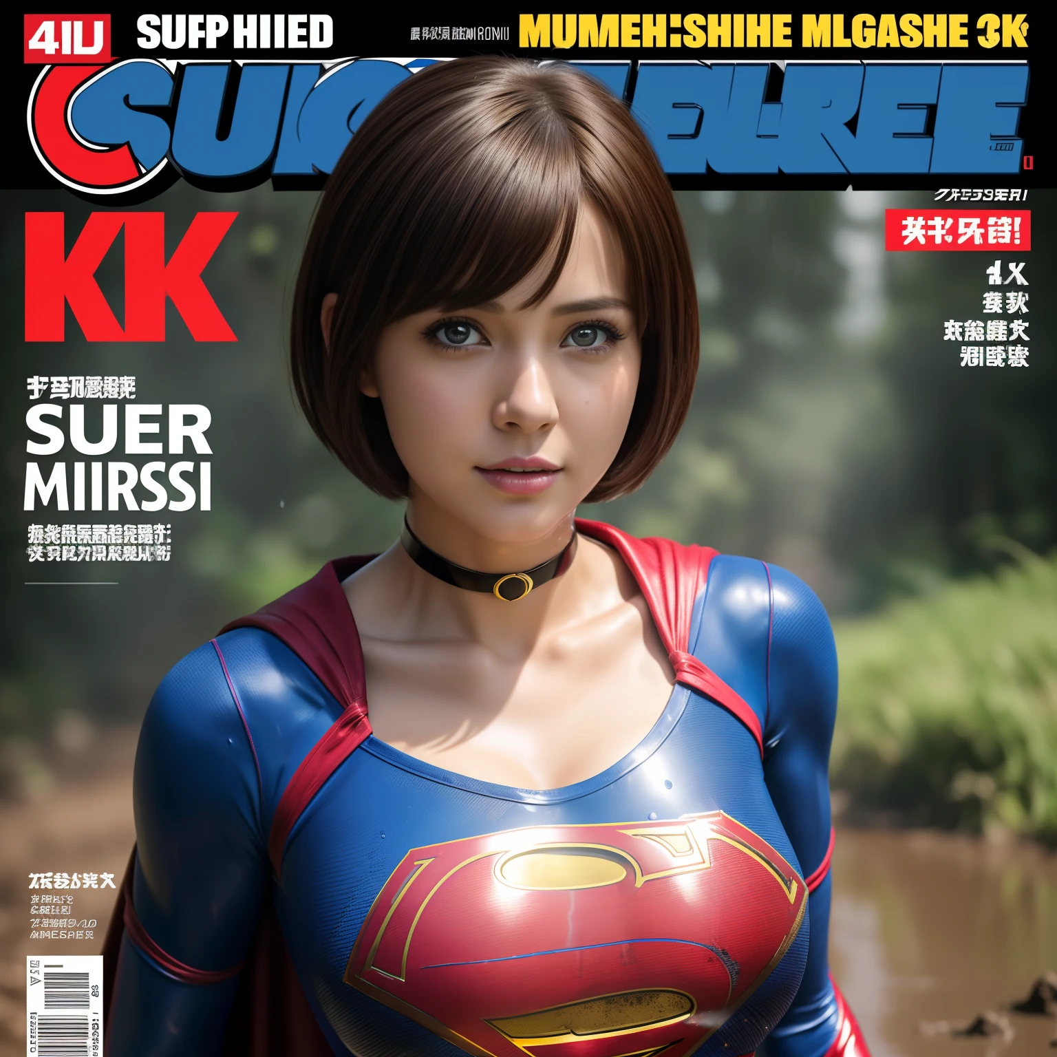 (Best Quality,4K,8K,hight resolution,masutepiece:1.2),Ultra-detailed,Realistic:1.37,Super masterpiece,Short-haired Supergirl、large full breasts、Looking at the camera、Glossy costume、a choker、Too short miniskirt、Magazine covers、Shonen Magazine、Seated Pose