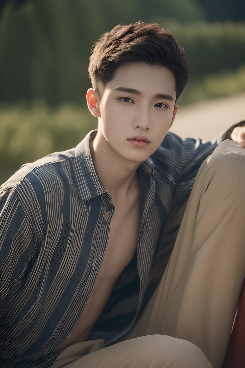Asian muscular boy sitting on grass, sexy, Dark eyebrows, white shirt, wearing white thong high cut underwaer, white high cut Jockstrap, muscular young male, mid shot portrait, high quality portrait, Attractive pose, cute young man, gorgeous young model, portrait a 25 - year - old boy, casual photography, Realistic. Cheng Yi, cute young man, ((wearing micro string thong))