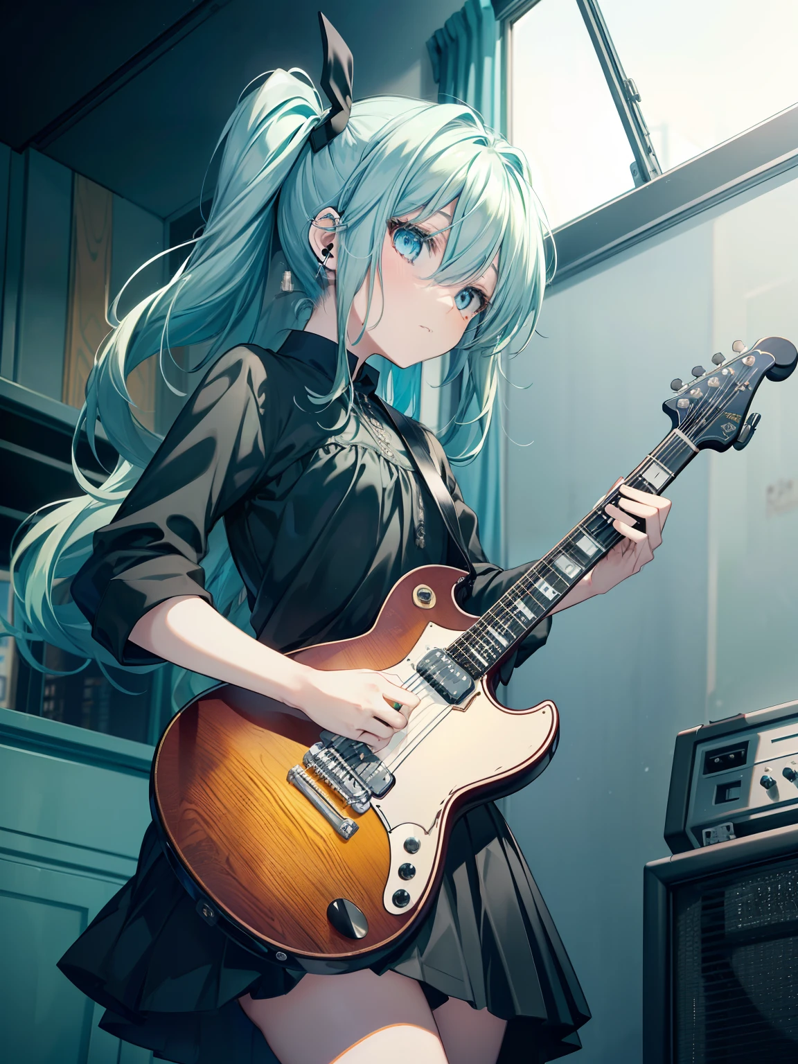 ((Masterpiece, Best quality))1girll, Solo, Black dress, Blue eyes, Electric guitar, guitar, Earphone, Double ponytail, Holding, holding plectrum, instrument, Long hair, music, one side up, blue green hair, double tails, playing guiter, Pleated skirt, Black shirt, interiors
