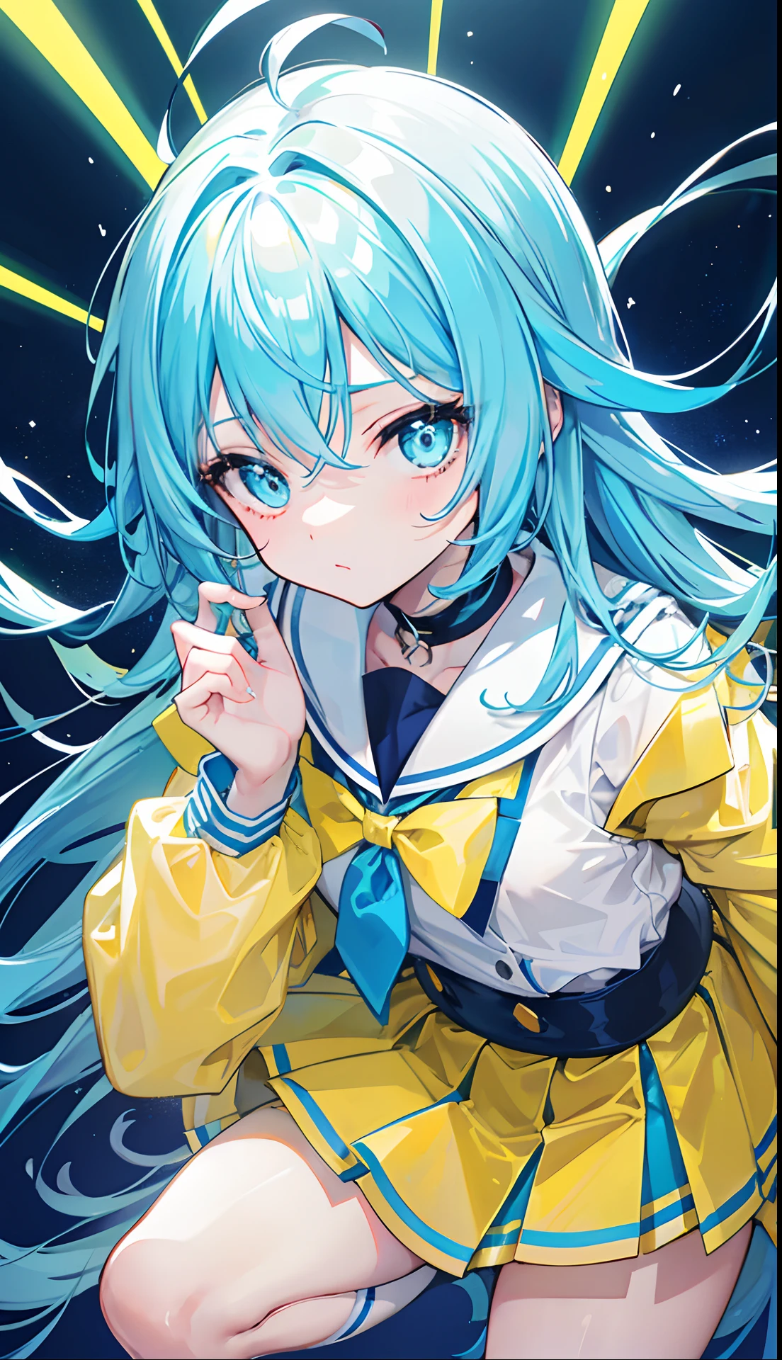 Glowing light bluish yellow with hair and pupils,They are also fluorescent,A school uniform in a glowing blue, yellow, and white color,Very tender and shiny face,It also fluoresces,The whole is shining,It's a sweet loli girl