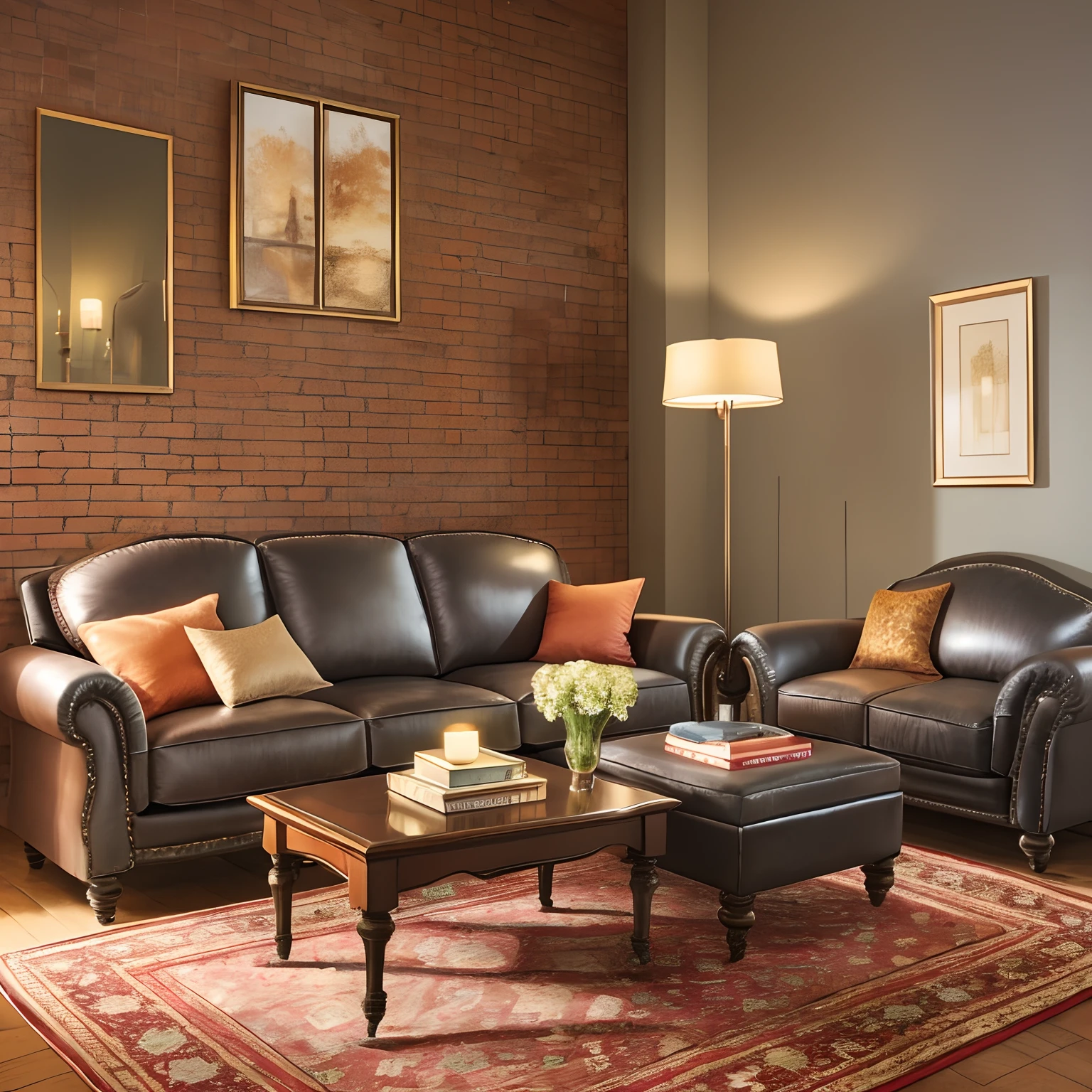 a mininalism in a night with cozy light from floor lamps, there are a leather sofa on a simple detail rug --auto --s2