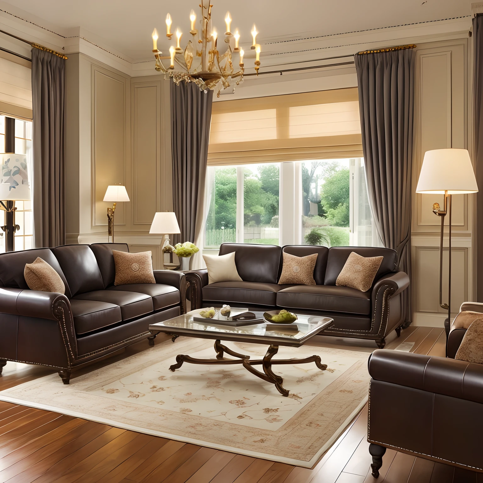 a mininalism in a night with cozy light from floor lamps, there are a leather sofa on a simple detail rug --auto --s2
