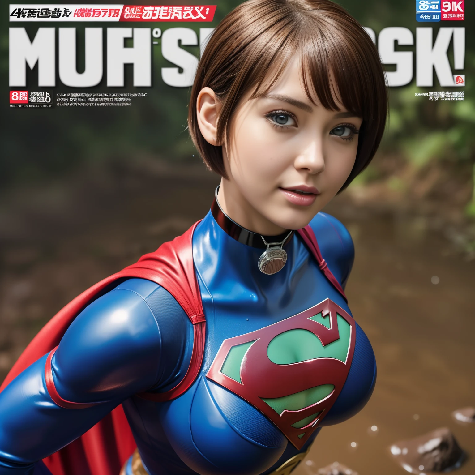 (Best Quality,4K,8K,hight resolution,masutepiece:1.2),Ultra-detailed,Realistic:1.37,Super masterpiece,Short-haired Supergirl swept away in a quagmire、large full breasts、Looking at the camera、Glossy costume、a choker、Covered in mud、Weekly magazine cover、Splattering droplets