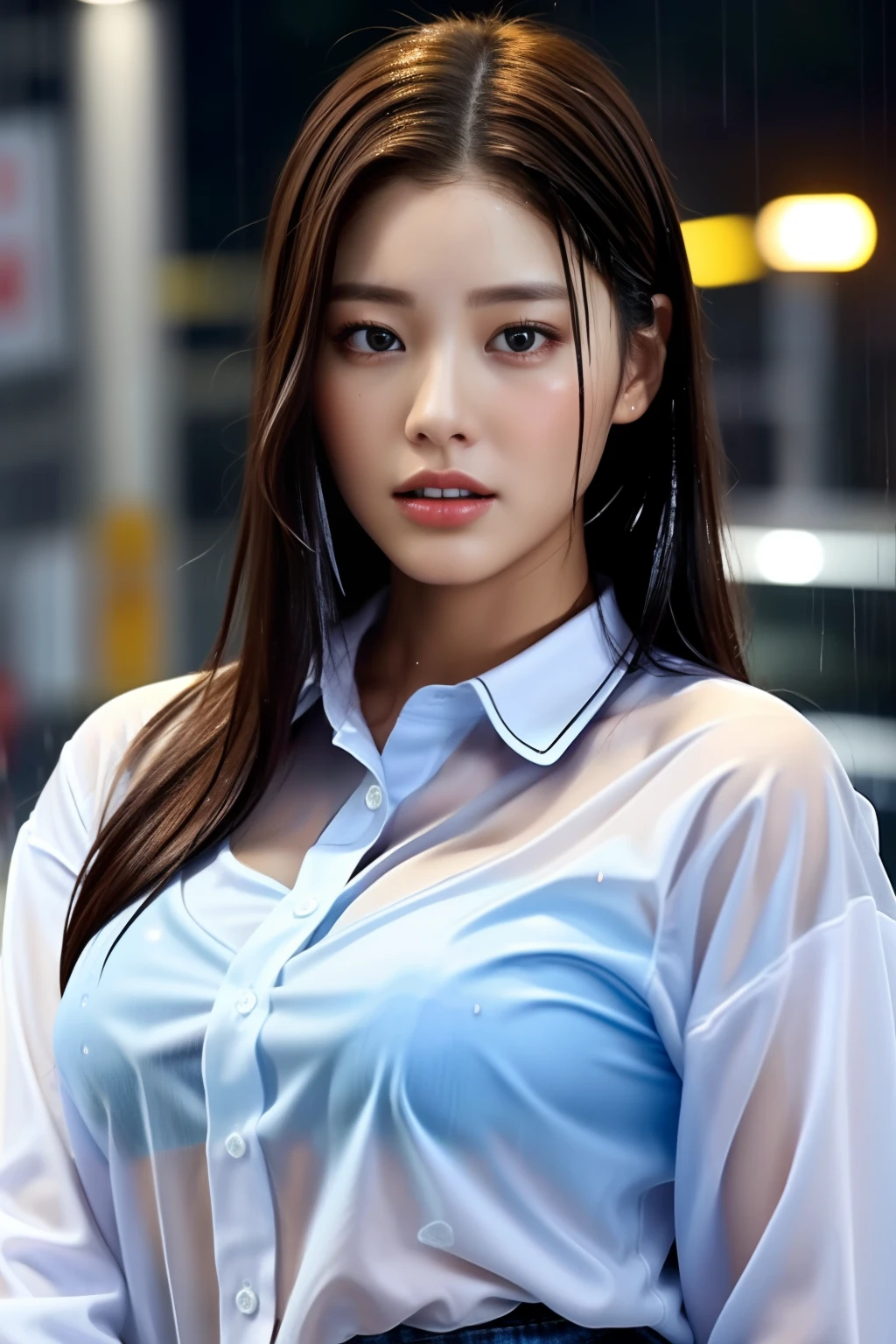 Sudden rain、Female sexy、Round face、very beautif。gigantic huge tits、Pure white buggy shirt with lace see-through、brown haired,Rain-soaked hair,Face wet in the rain,Rain-soaked costume,Skin shining wet in the rain,a closeup、Professional Lighting, Light、top-quality、cowboy  shot、Wide shot of a person in the rain、The shirt clings to the body、Shows signs of wear and tear。