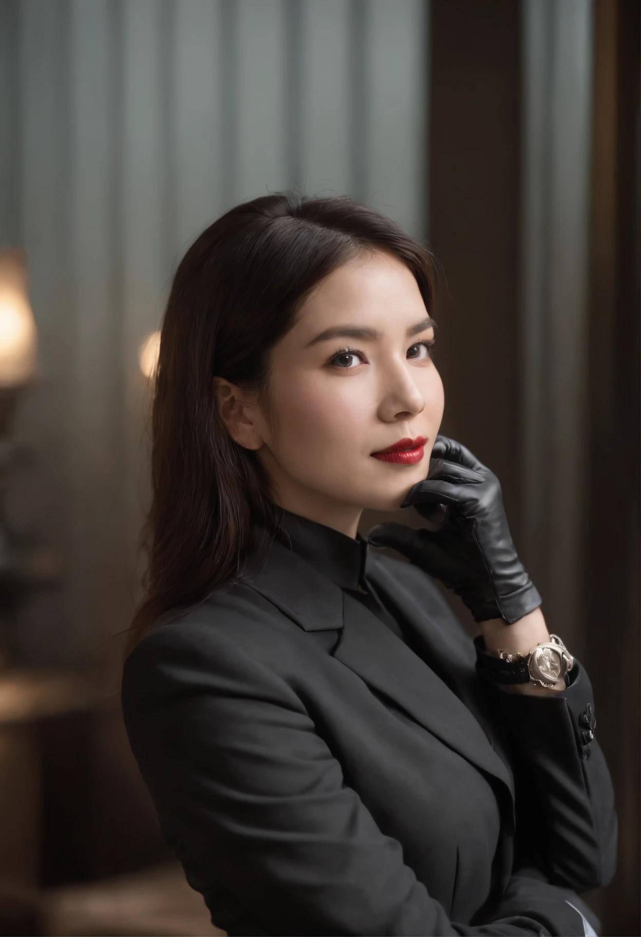 1. **Full body black style**: Wearing a black suit, shirt, tie, pocket squares, and black leather gloves, it has a very chic and sophisticated appearance. ( It's a woman)
2. **Noh mask**: I wear a Noh mask with a smile on my face, and I use it as an element to hide my emotions. ( It's a woman)