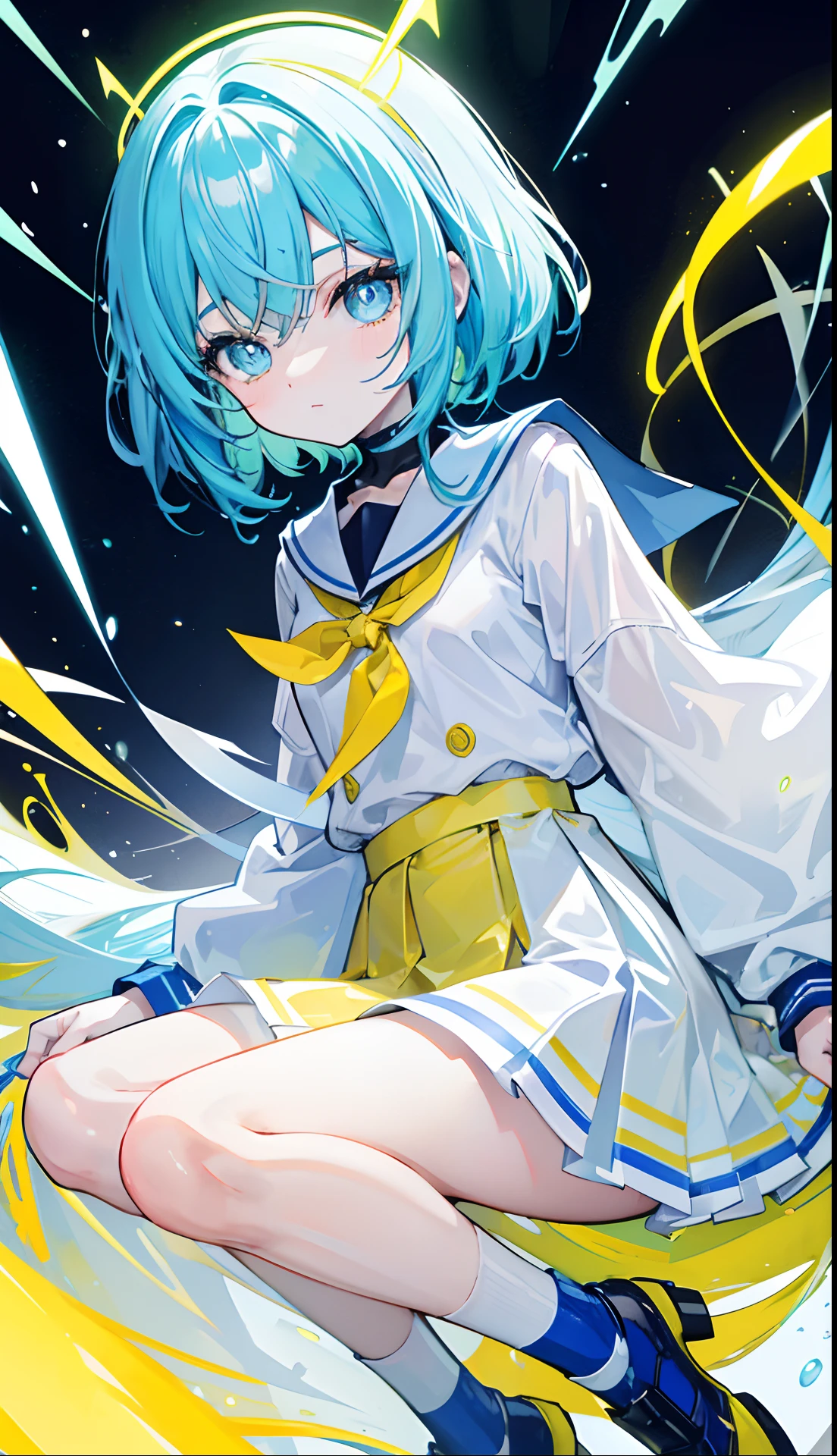 genshin game style, 1GIRL, Character design sheet of a astronomical girl, finely detailed, cryo vision holder, (best quality), (intricate details), multicolored, ((short blue hair)), ((short hair in pigtails)), best quality, ((long sleeve button up shirt)), ((puffy shorts)), ((white clothes with gold accents)), ((white ruff collar)), ((wears fishnets)), ((round eyes)), wears a big white bow on head, beautiful face, cute face, pinup, perfect face, twinkle background
