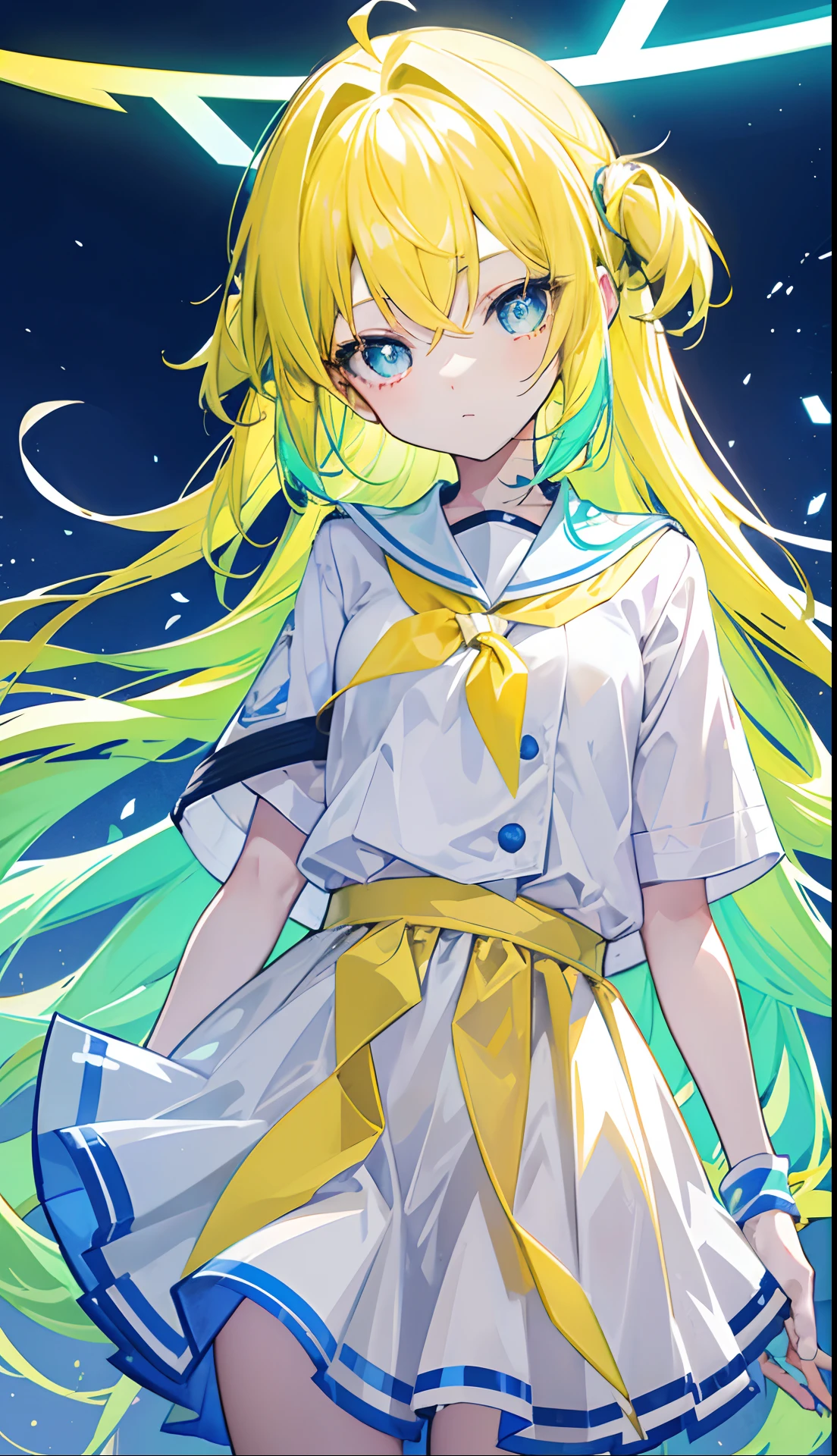 Glowing light bluish yellow with hair and pupils,They are also fluorescent,A school uniform in a glowing blue, yellow, and white color,Very tender and shiny face,It also fluoresces,The whole is shining,It's a sweet loli girl