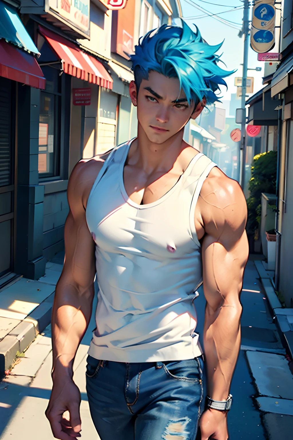 guy in a white beater tank top and dark jeans, walking down a neighborhood street, Back on 74; (((Best quality))) masterpiece vector illustration; anime character in sharp focus; detailed and vibrant anime face;  character design; beautiful and vibrant digital art, hyperdetailed; overexaggerated features; Dynamic Lighting; Volumetric Lighting in 8k, Ultra Sharp Focus; intricate Artwork Masterpiece