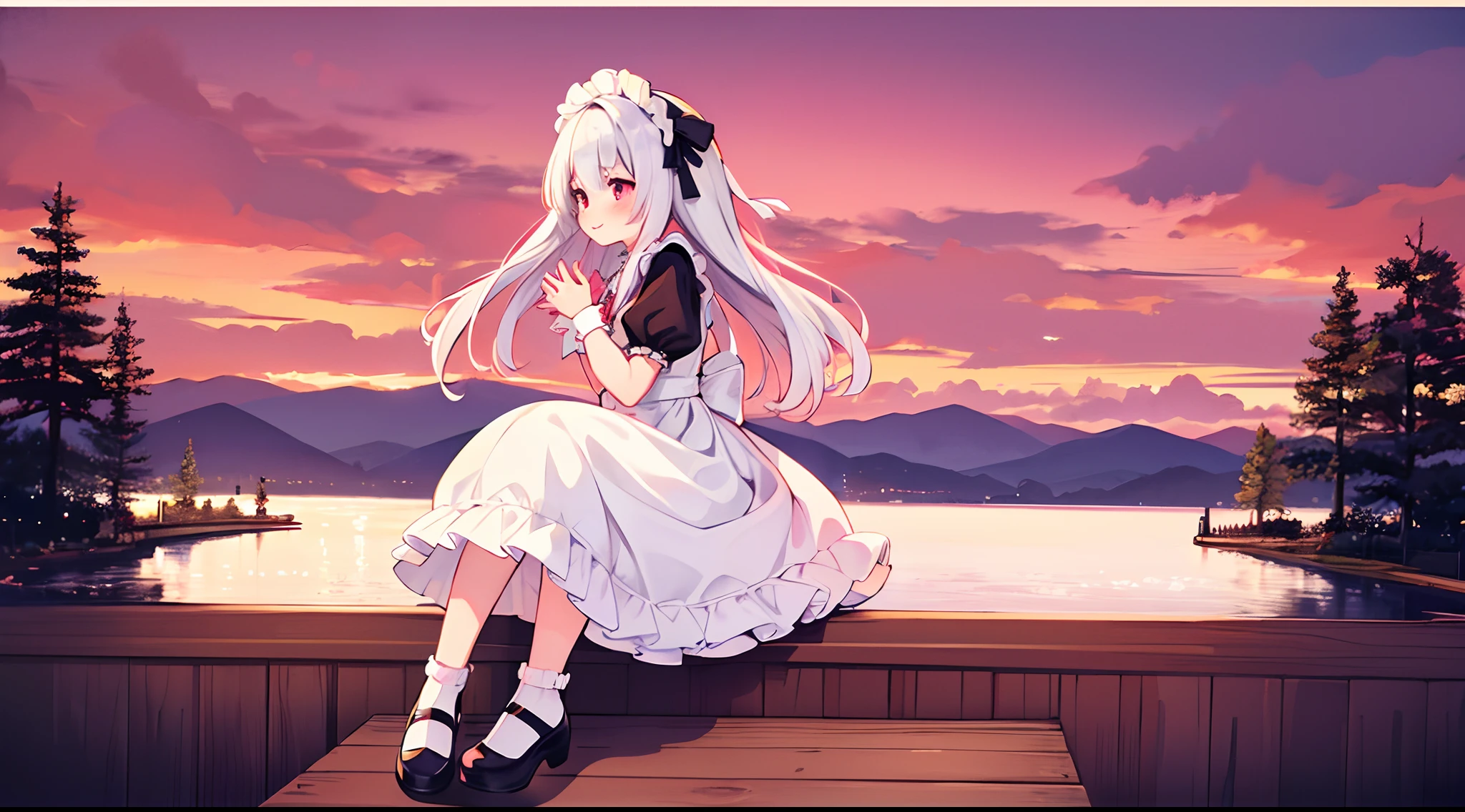 8K picture quality，silber hair,Red-eyed girl,cute little ,Long hair,Heartwarming,a miniskirt,Lolita,A smile,Thumbnail styles，maid clothes，fluffly，full body Esbian,Embarrassed expression,pink sky background,cute background,profile