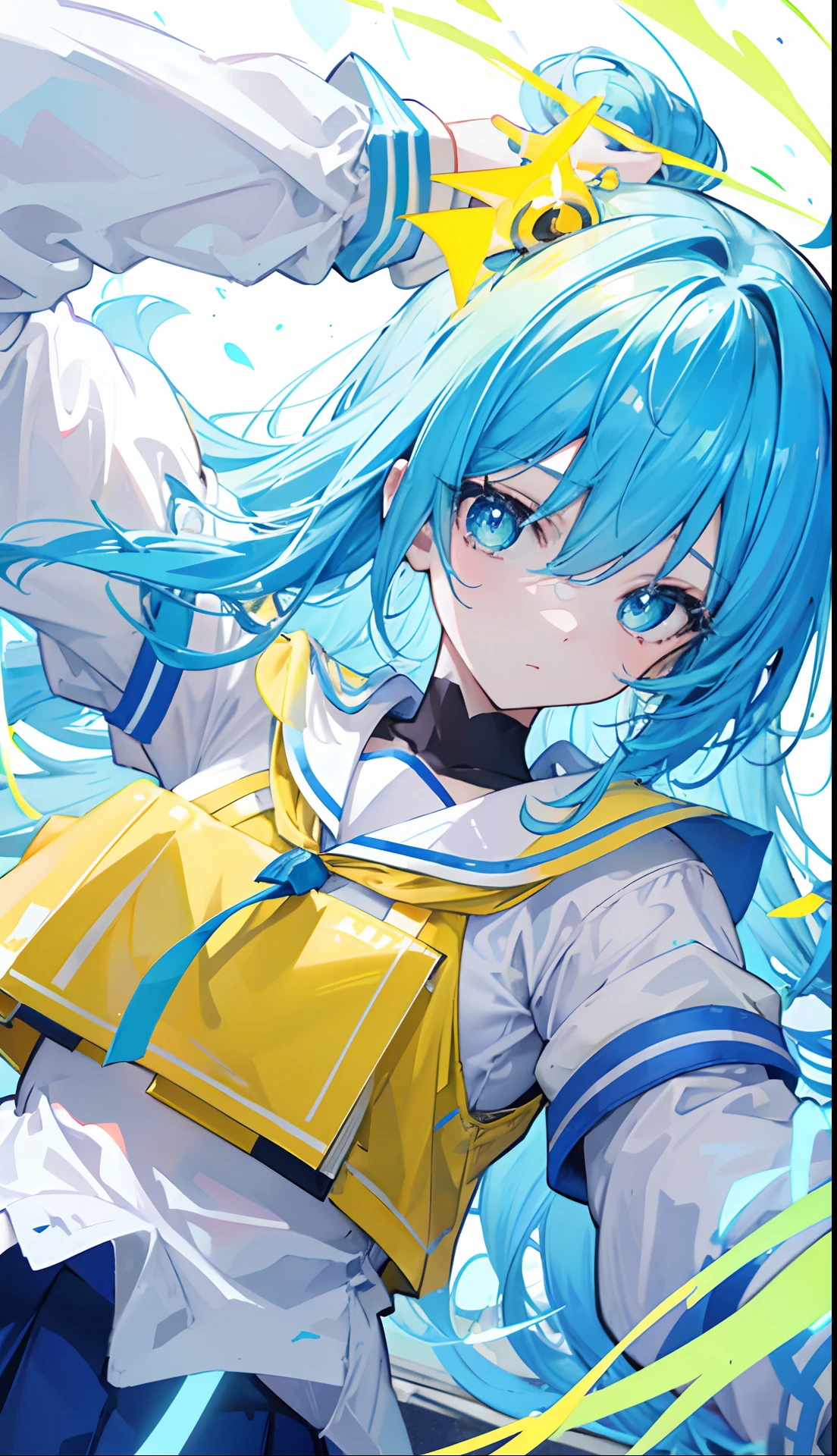 Glowing light bluish yellow with hair and pupils,They are also fluorescent,A school uniform in a glowing blue, yellow, and white color,Very tender and shiny face,It also fluoresces,The whole is shining,It's a sweet li girl