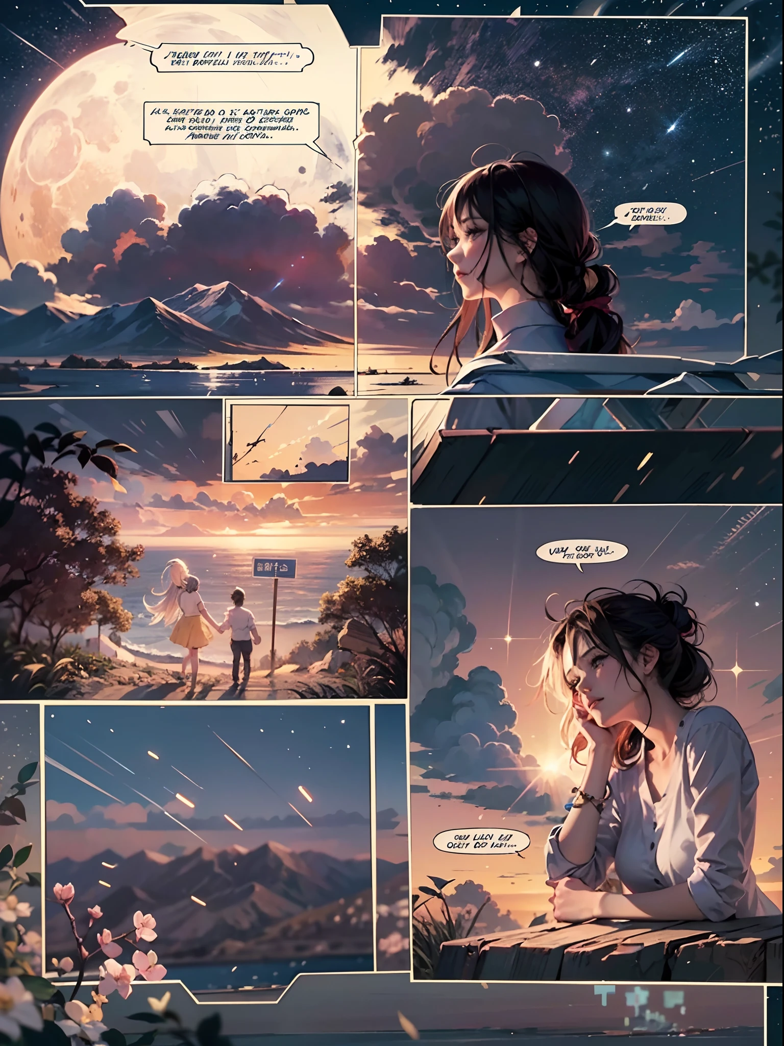 Comic storyboard:1.8, comic strip, English text, draw the Story of the woman who loves to the 30 year's man, anime emoji theme, night sky, beautiful Firefly, text dialogue box, Japanese anime manga style, hyperHD, 24K UHD, anime looks.