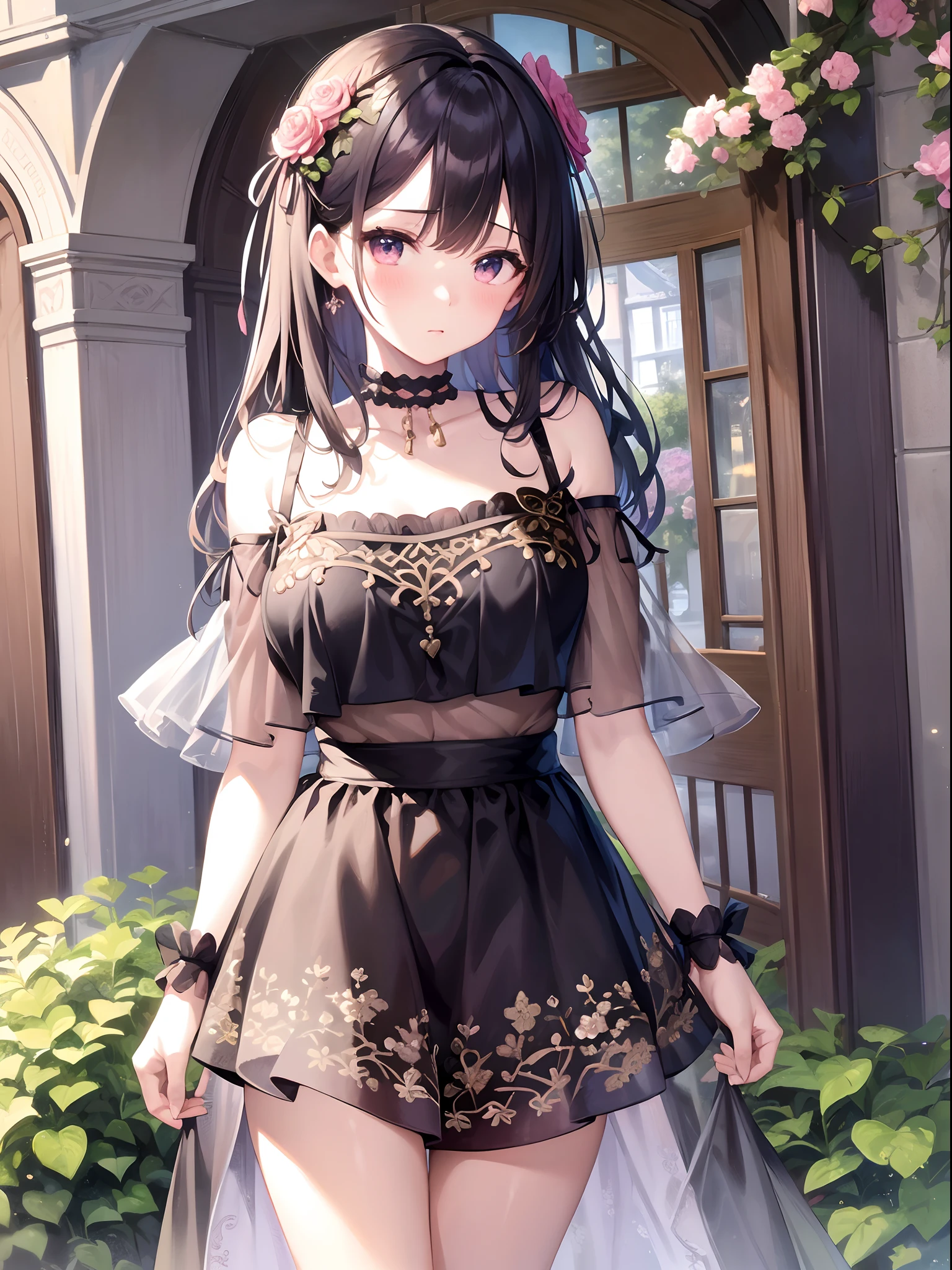 (Best Quality, masutepiece), 1girl in, Intricate details, off shoulders, Skirt, Choker, frilld, See-through, Looking at Viewer, blush, Upper body, Blurry background, with floral pattern, facing