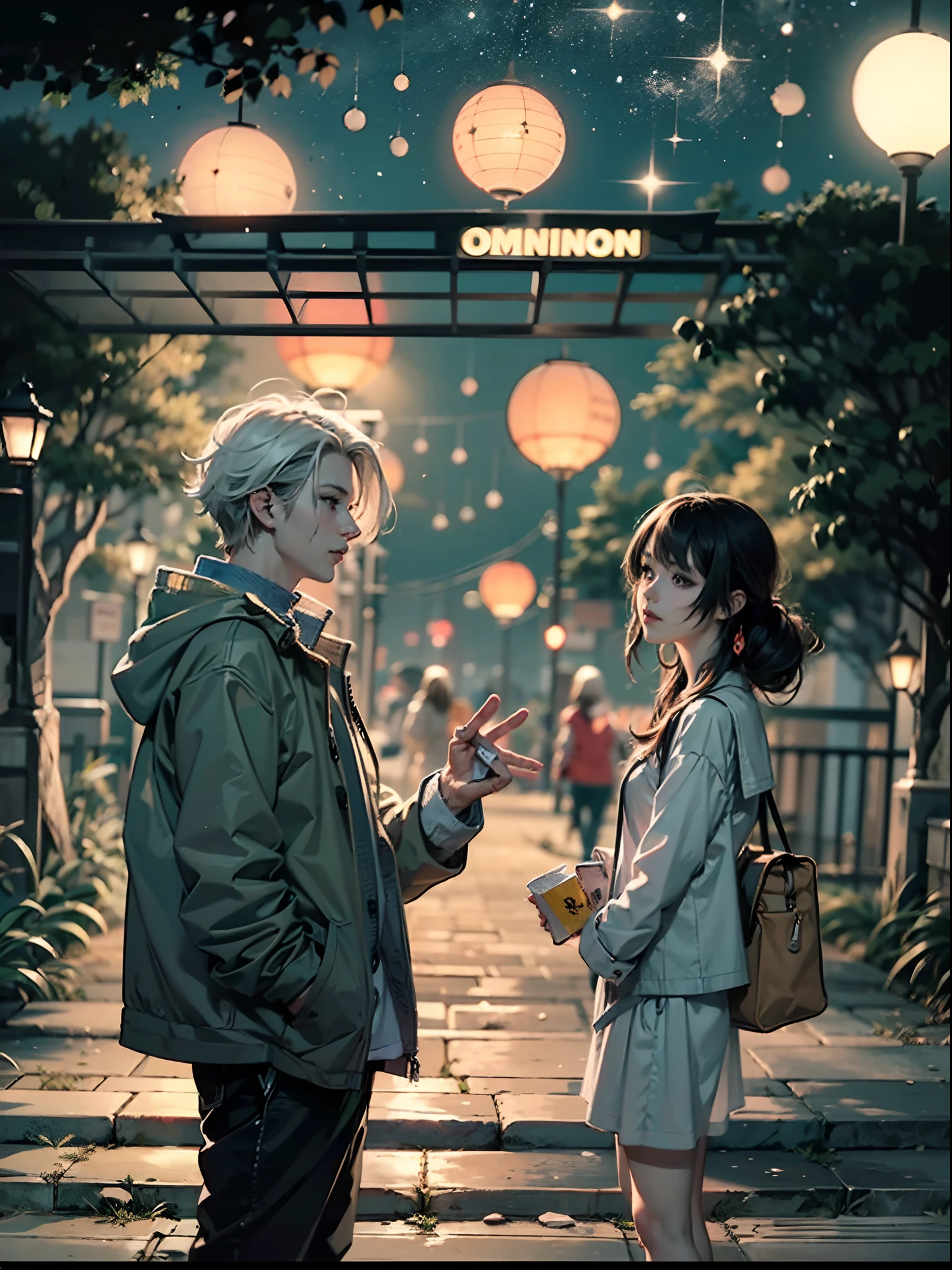 Comic storyboard:1.8, comic strip, English text, draw the Story of the woman who loves to the 30 year's man, anime emoji theme, night sky, beautiful Firefly, text dialogue box, Japanese anime manga style, hyperHD, 24K UHD, anime looks.