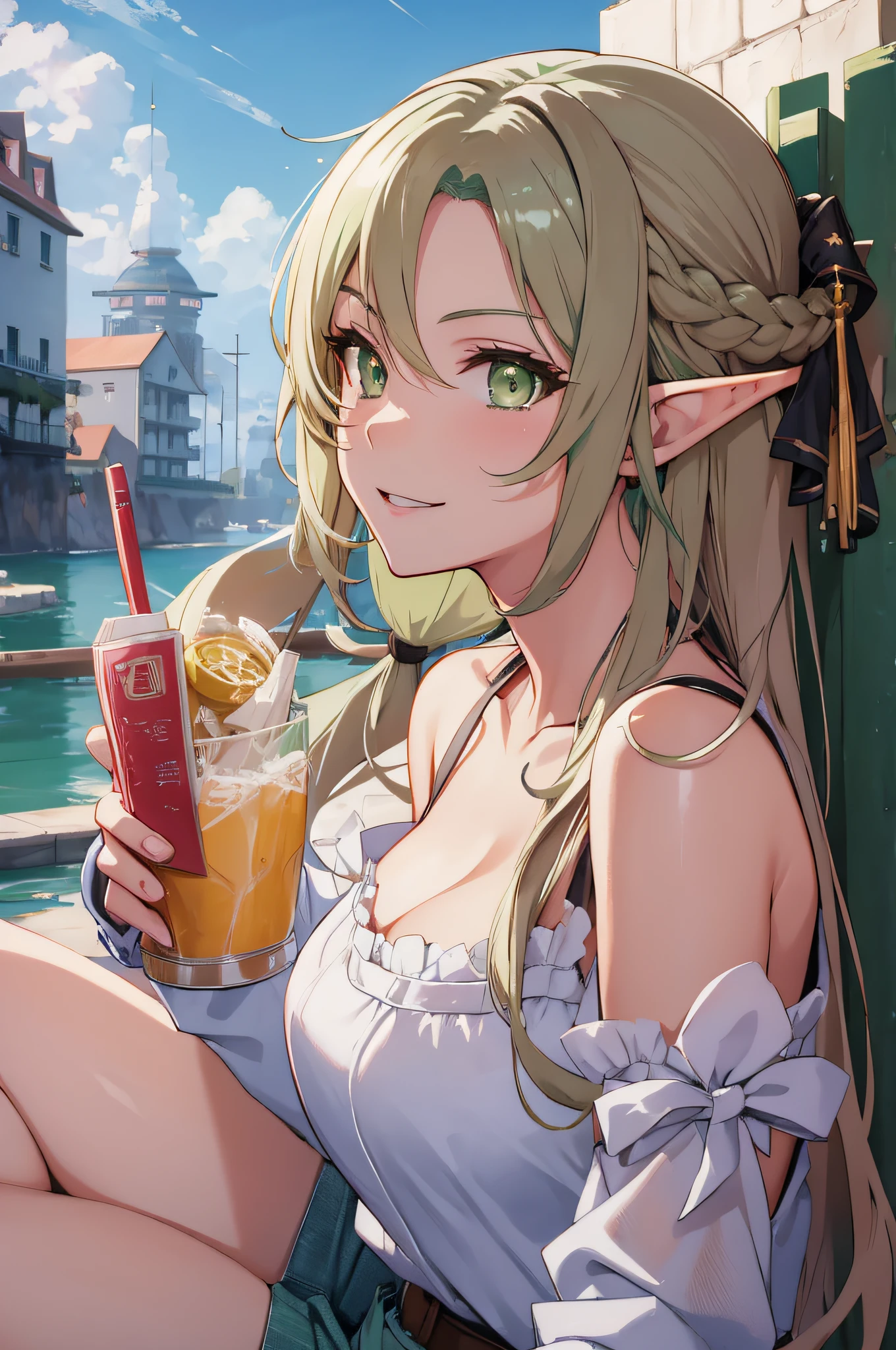 (masterpiece, best quality, detailed) ,1girl, highelfarcher, high elf archer, elf, (green eyes:1.5), (green hair:1.2), hair between eyes, long hair, pointy ears, sidelocks, jeans walking down the street,cute anime girl, pretty anime girl, smooth anime cg art, beautiful anime girl, attractive anime girl, ecchi anime style, seductive anime girl.teasing smile, clean detailed anime art,high resolution, (perfect hands, perfect anatomy),