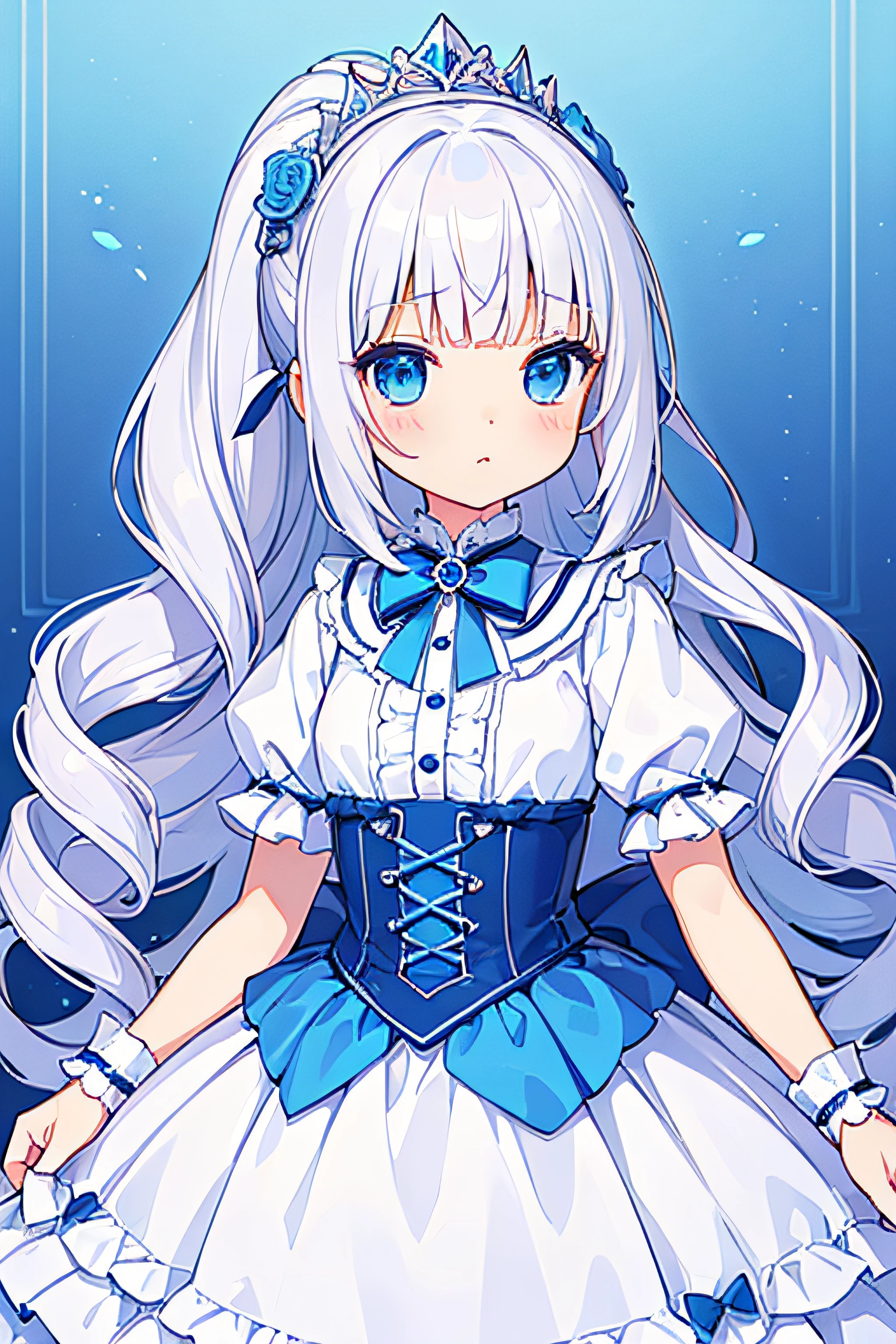 (((tmasterpiece)))、(((top-quality)))、((ultra - detailed))、(illustratio)、((Extremely Delicately Beautiful))，Long white ponytail，Hair spiral，drill bit，Cute loli，White princess dress，Lolita style，Cute big eyes，blue color eyes，White color hair！！！，Blue rose tiara，angelicales