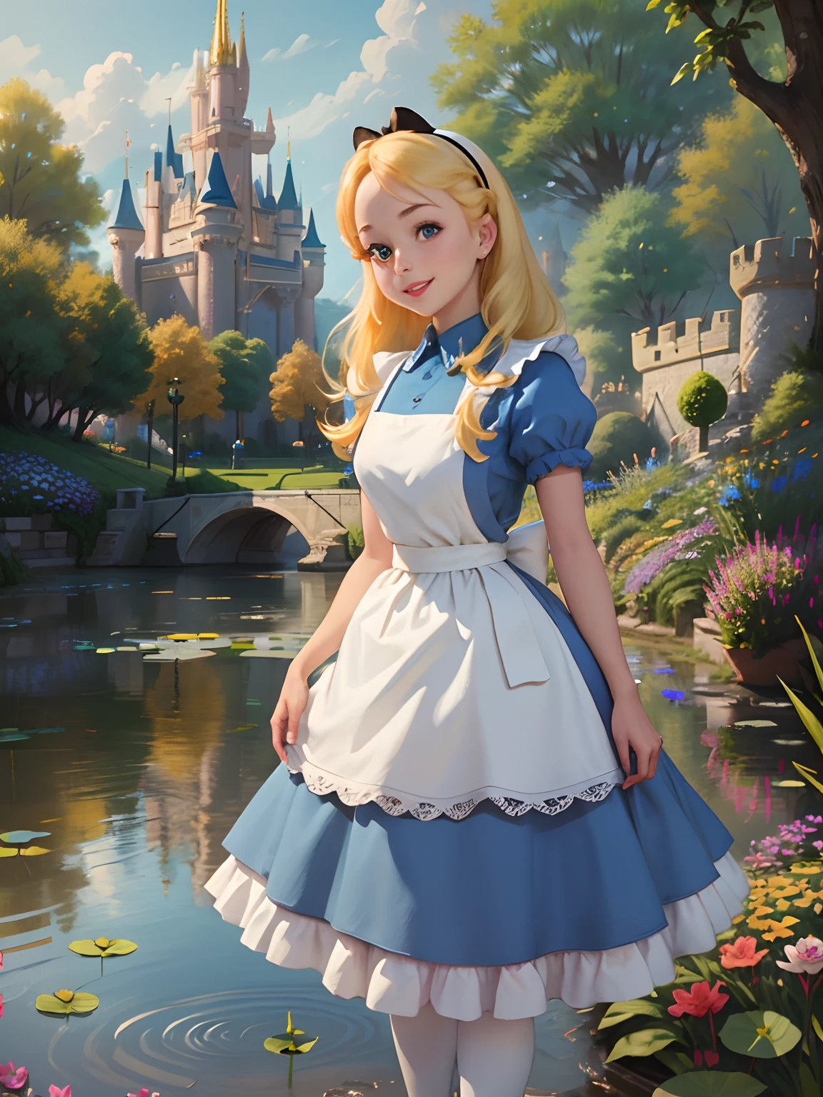 (masterpiece), (best quality), (extremely detailed), alice liddell, blue dress, white apron, black hairband, white long socks, cute pose, in a flower garden, (pond), (((disney castle at the background))), (blue sky), (sunny day), 3d. Illustration, Good Highlights, Perfect Proportions, dynamic, Professional, Award winning, (high detailed skin), (high detailed face), photorealistic, HDR, ultra highres, absurdres, perfect body shape, cute smiling