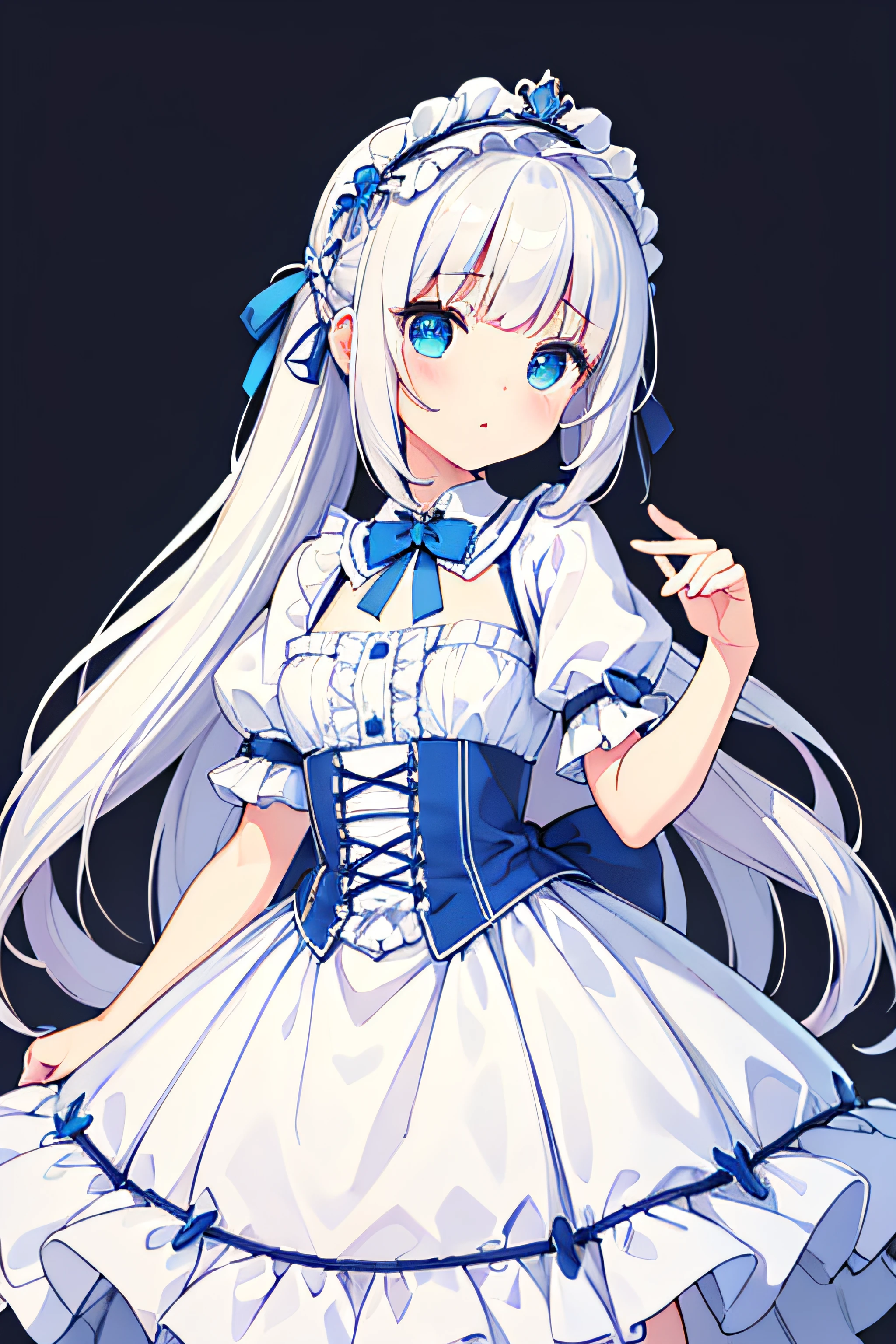 (best quality,highres,masterpiece:1.2),ultra-detailed,illustration,extremely delicate and beautiful,long white ponytail,corkscrew hair,drill bit,cute ****ta,white princess dress,****ta style,adorable big eyes,blue eyes,white hair!!!,blue rose headband,angel,(front-facing!!!),facing forward,blank background