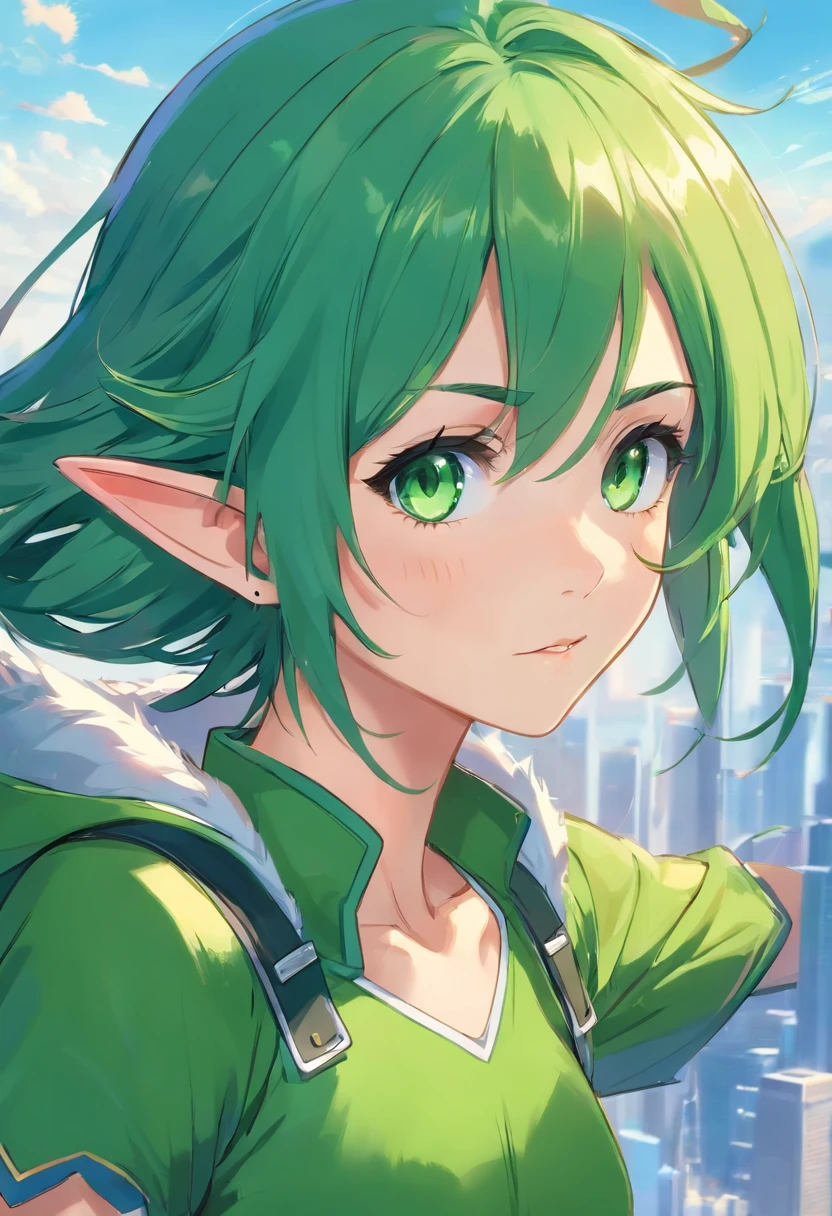 elf, pointy ears, green hair, archer, green eyes, man
