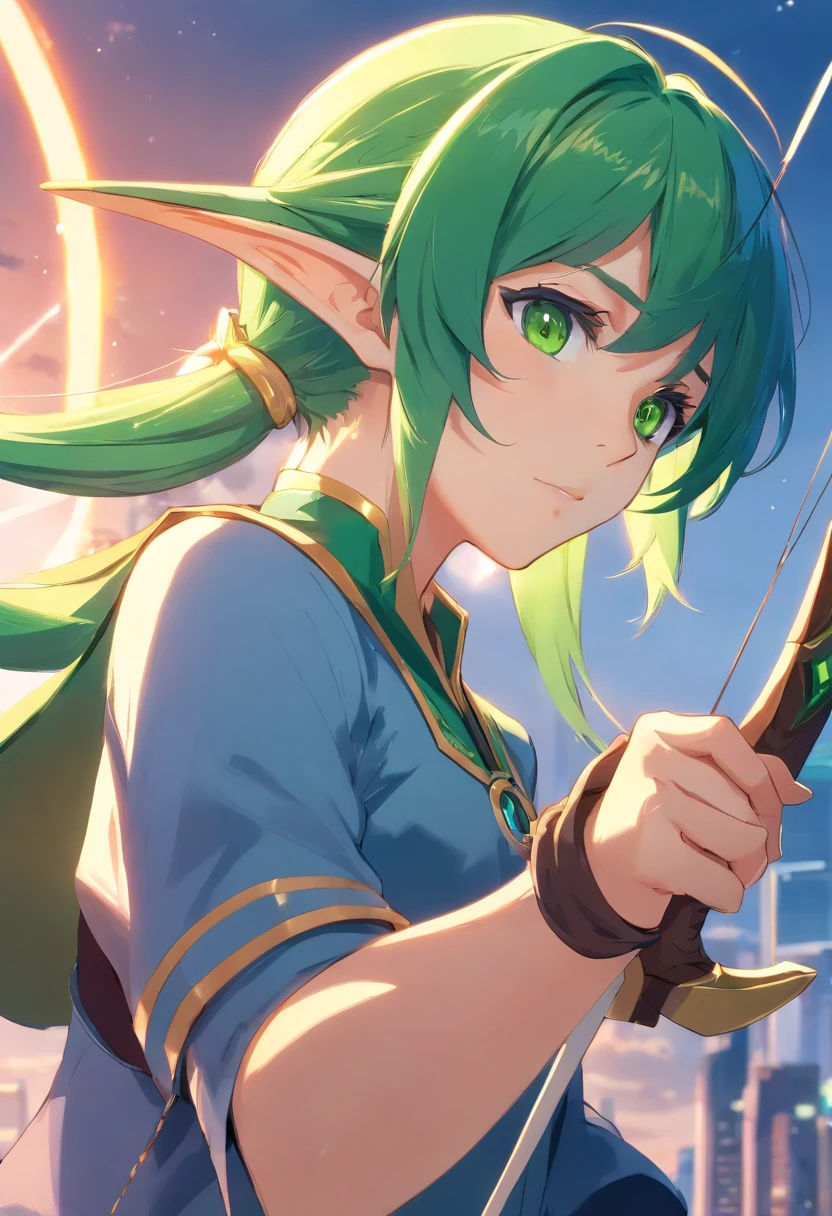 elf, pointy ears, green hair, archer, green eyes, man