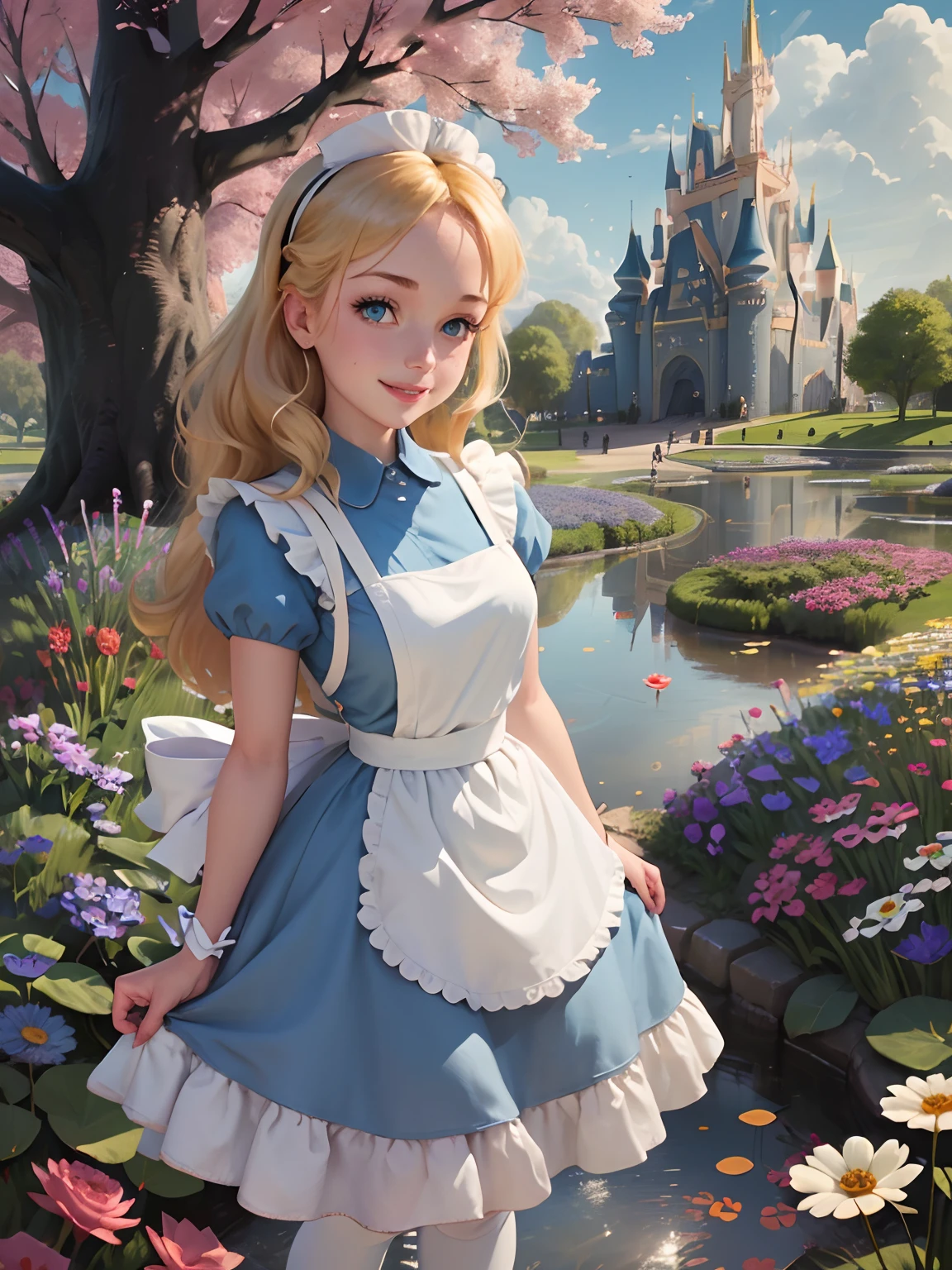 (masterpiece), (best quality), (extremely detailed), alice liddell, blue dress, white apron, black hairband, white long socks, cute pose, in a flower garden, (pond), (((disney castle at the background))), (blue sky), (sunny day), 3d. Illustration, Good Highlights, Perfect Proportions, dynamic, Professional, Award winning, (high detailed skin), (high detailed face), photorealistic, HDR, ultra highres, absurdres, perfect body shape, cute smiling