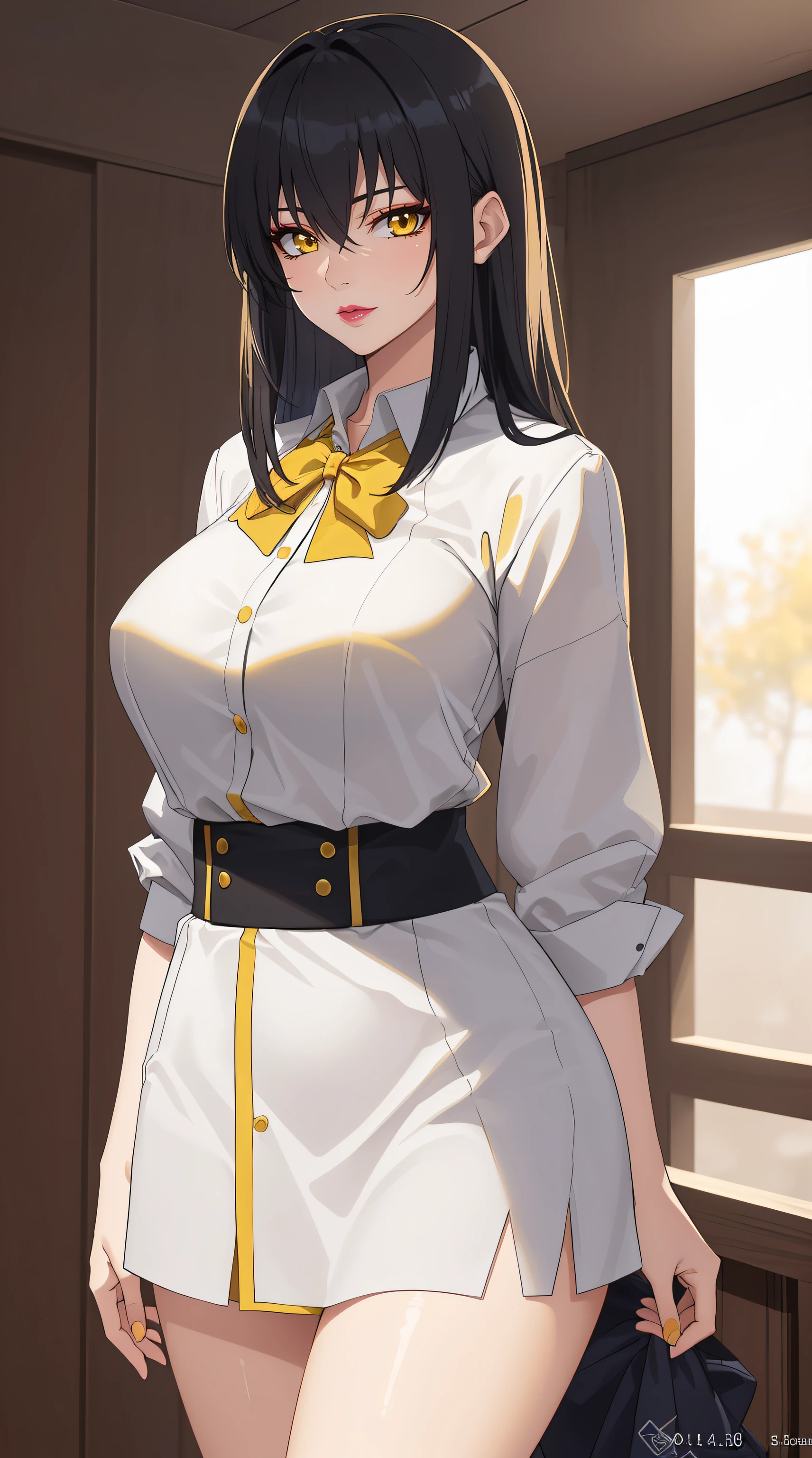 (masterpiece:1.4),(best quality:1.4),  soft lighting, cinematic bloom, beautiful face, beautiful eyes, cowboy shot,
1girl, solo, female mature, black hair, long hair, (yellow eyes:1.4), large breasts, school outfit, white outfit, highschool, hair intakes, exquisite eyes detail, exquisite character design unity details 8k hdr, professional art, landscape, (solo:1.5, 1girl:1.4, cowboy shot:1.5), sexy body, milf, 35 years old girl, big thighs, sexy waist, cheerful,