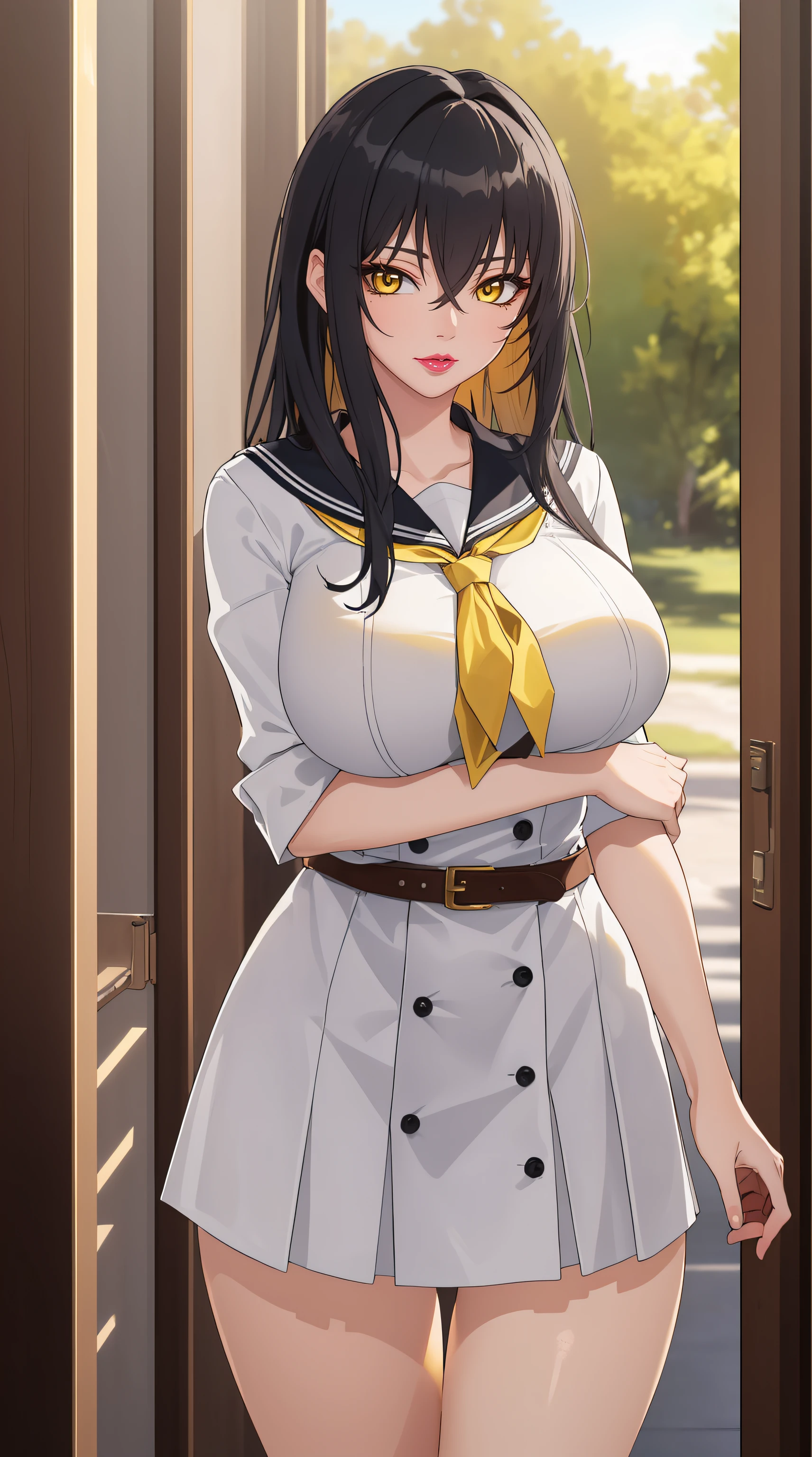 (masterpiece:1.4),(best quality:1.4),  soft lighting, cinematic bloom, beautiful face, beautiful eyes, cowboy shot,
1girl, solo, female mature, black hair, long hair, (yellow eyes:1.4), large breasts, school outfit, white outfit, highschool, hair intakes, exquisite eyes detail, exquisite character design unity details 8k hdr, professional art, landscape, (solo:1.5, 1girl:1.4, cowboy shot:1.5), sexy body, milf, 35 years old girl, big thighs, sexy waist, cheerful,